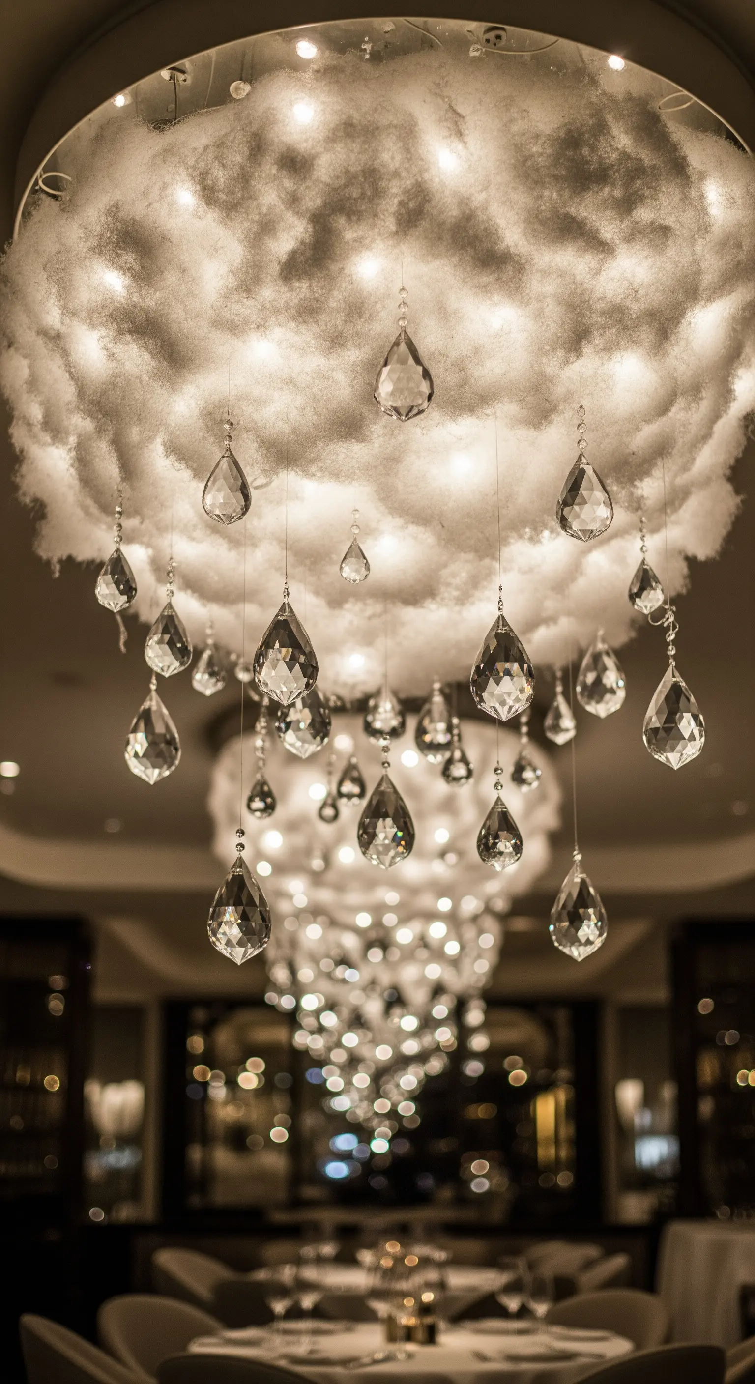 Lampadario a forma di nuvola da cui pendono cristalli a goccia come pioggia.