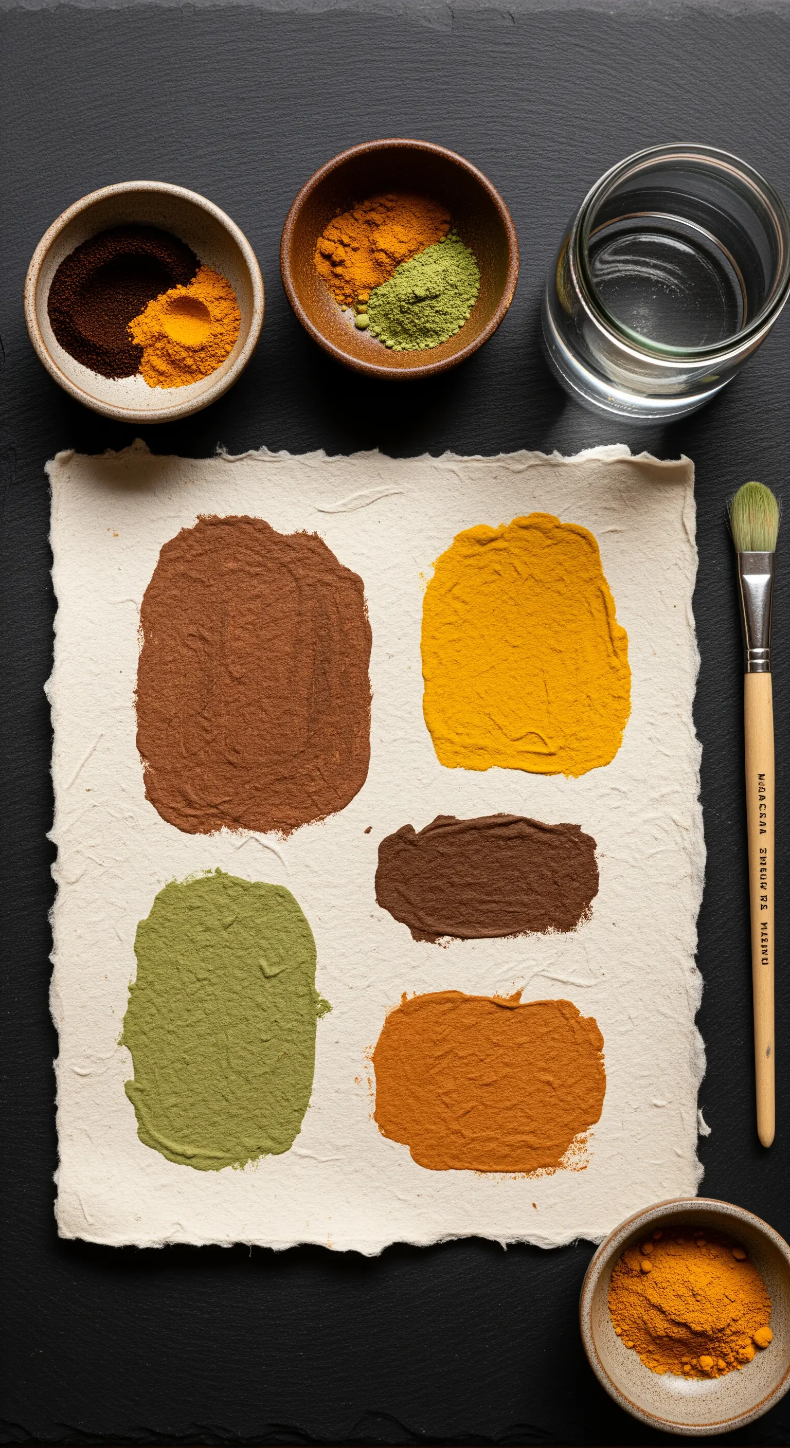 Tavolozza di colori naturali creati con pigmenti in polvere come caffè, curcuma e tè matcha.