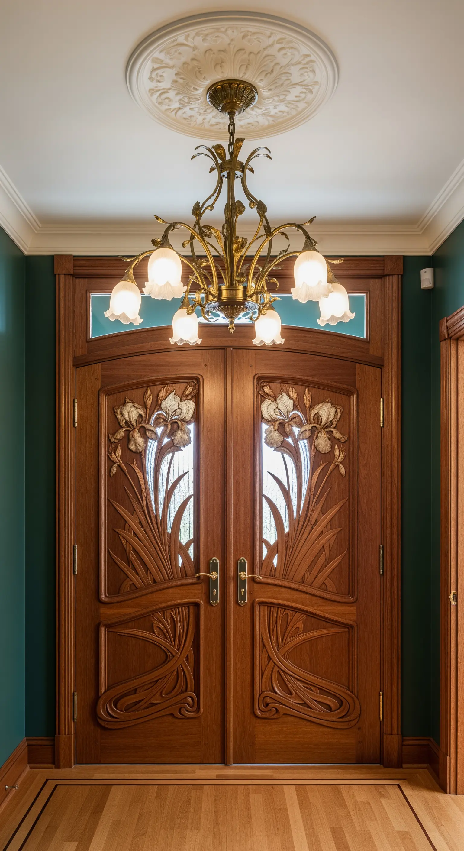 Porta doppia in stile Art Nouveau con intagli floreali, pareti verde petrolio e lampadario in ottone.
