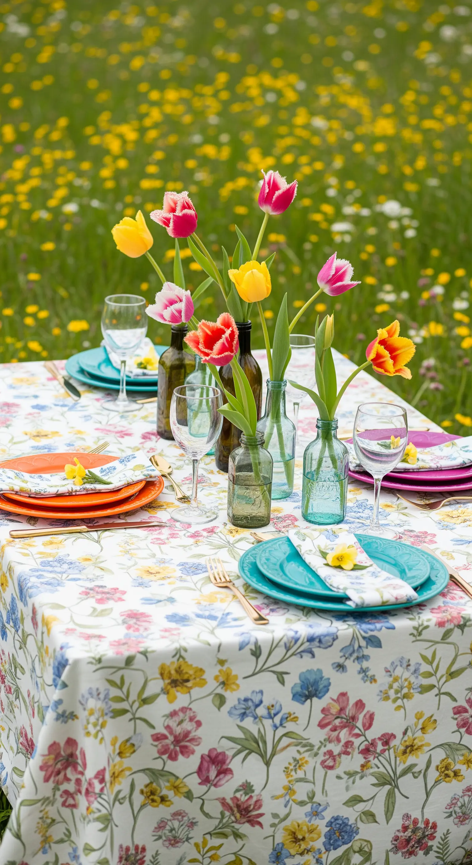 Tavola in un prato con tovaglia floreale vintage e tulipani in piccoli vasetti di vetro.