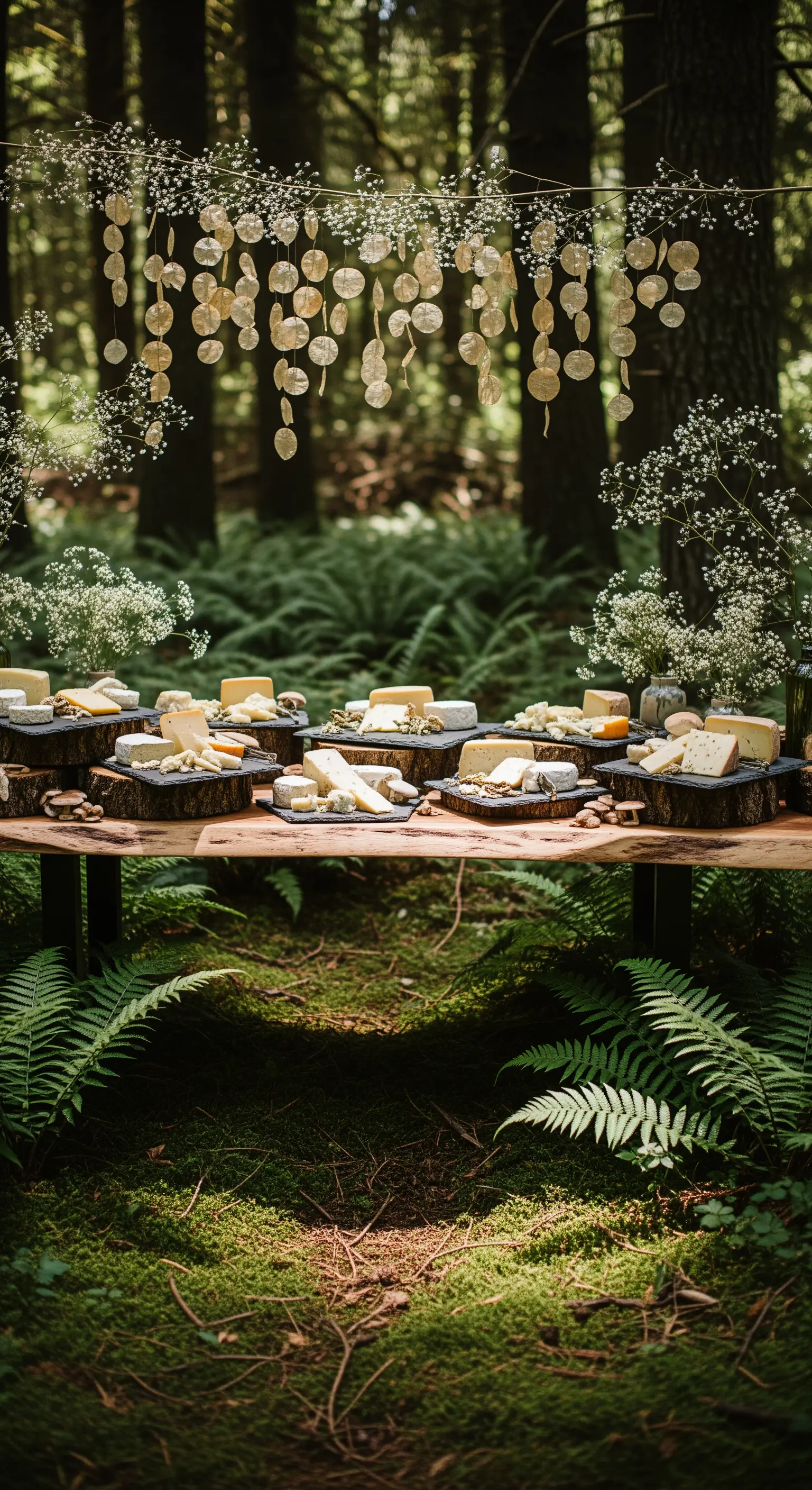 Buffet di formaggi allestito su sezioni di tronco e ardesia in un bosco verde.