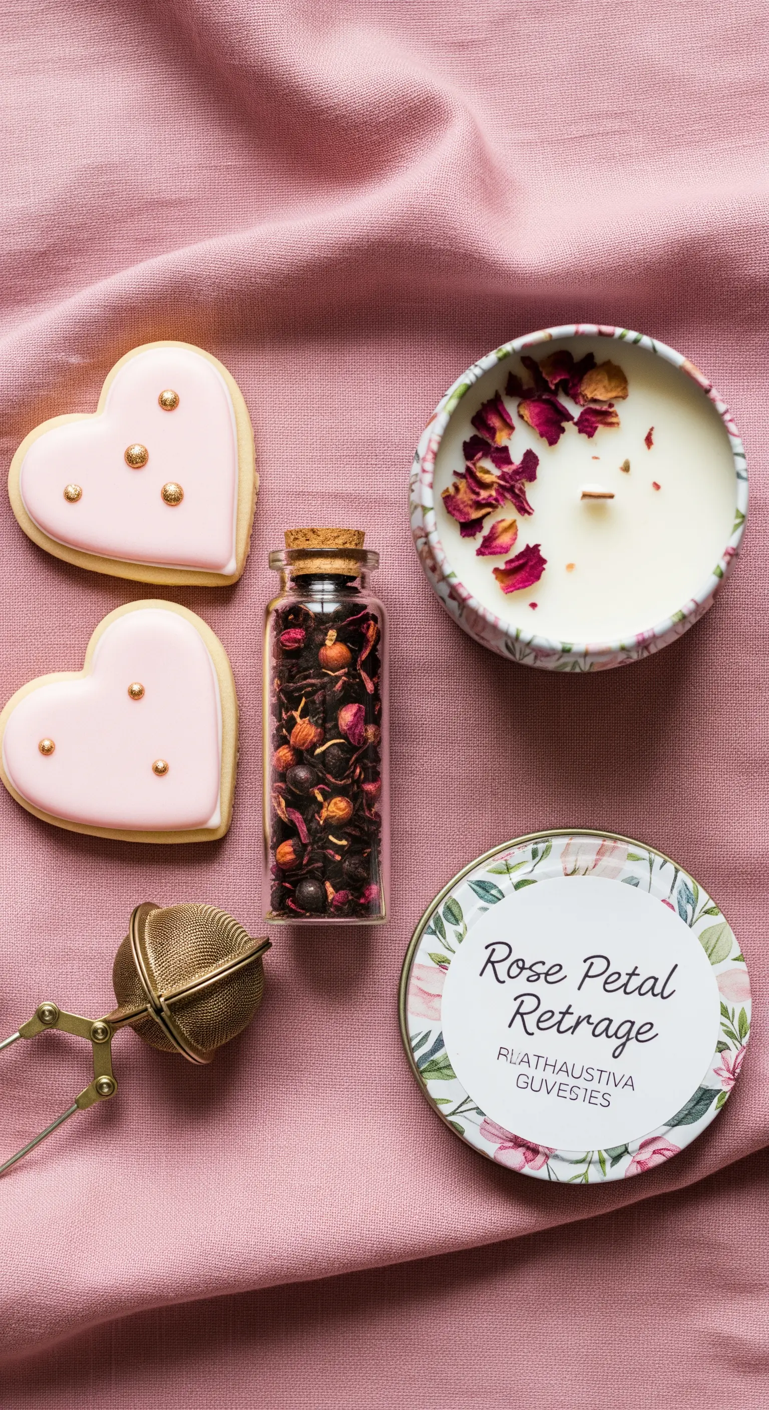 Set regalo romantico con infuso di rose, biscotti a cuore e candela decorata.