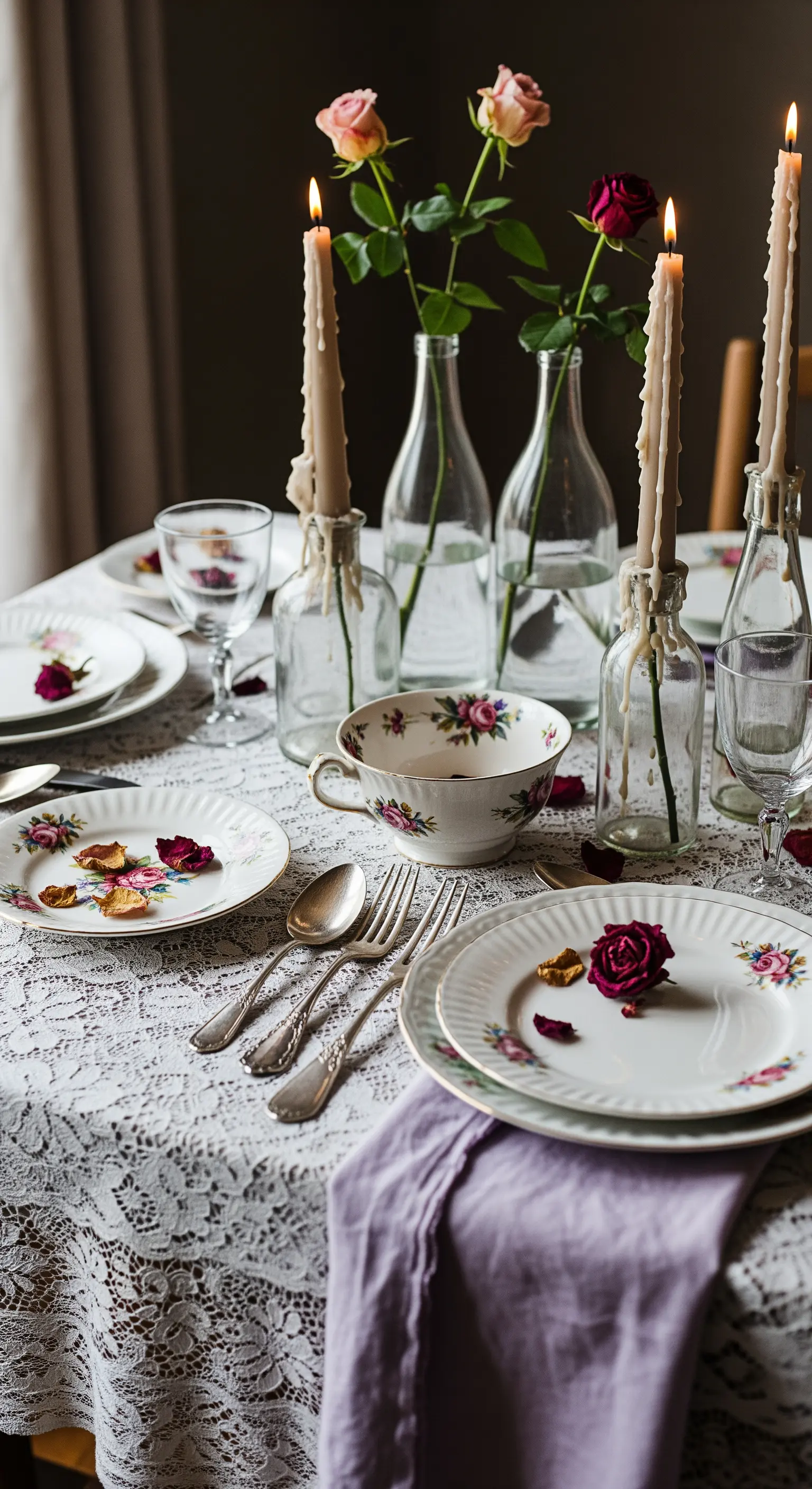 Tavola vintage con tovaglia di pizzo, piatti floreali spaiati e rose secche
