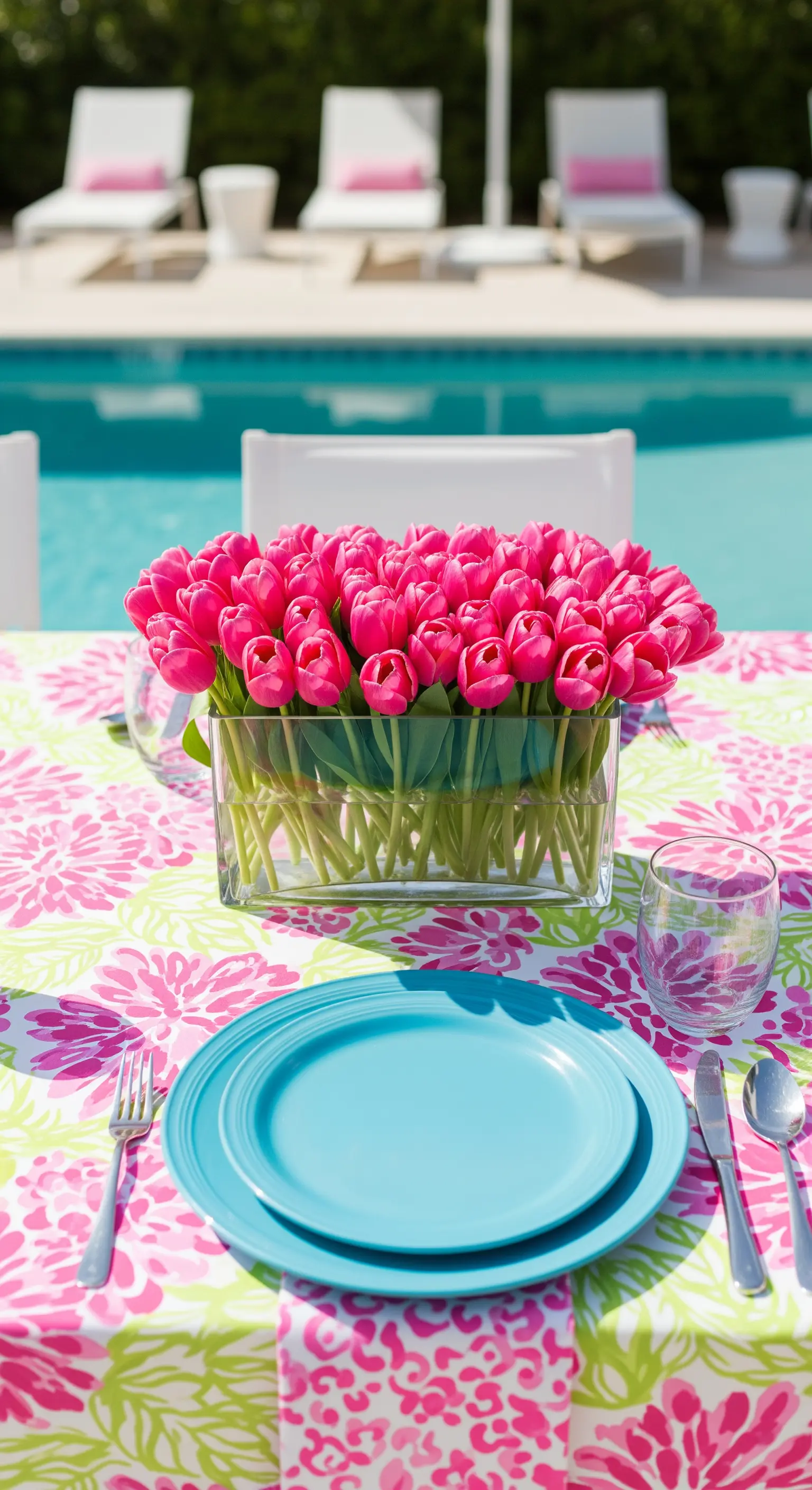 Tavolo a bordo piscina con tovaglia rosa e verde, piatti turchesi e un vaso di tulipani fucsia.