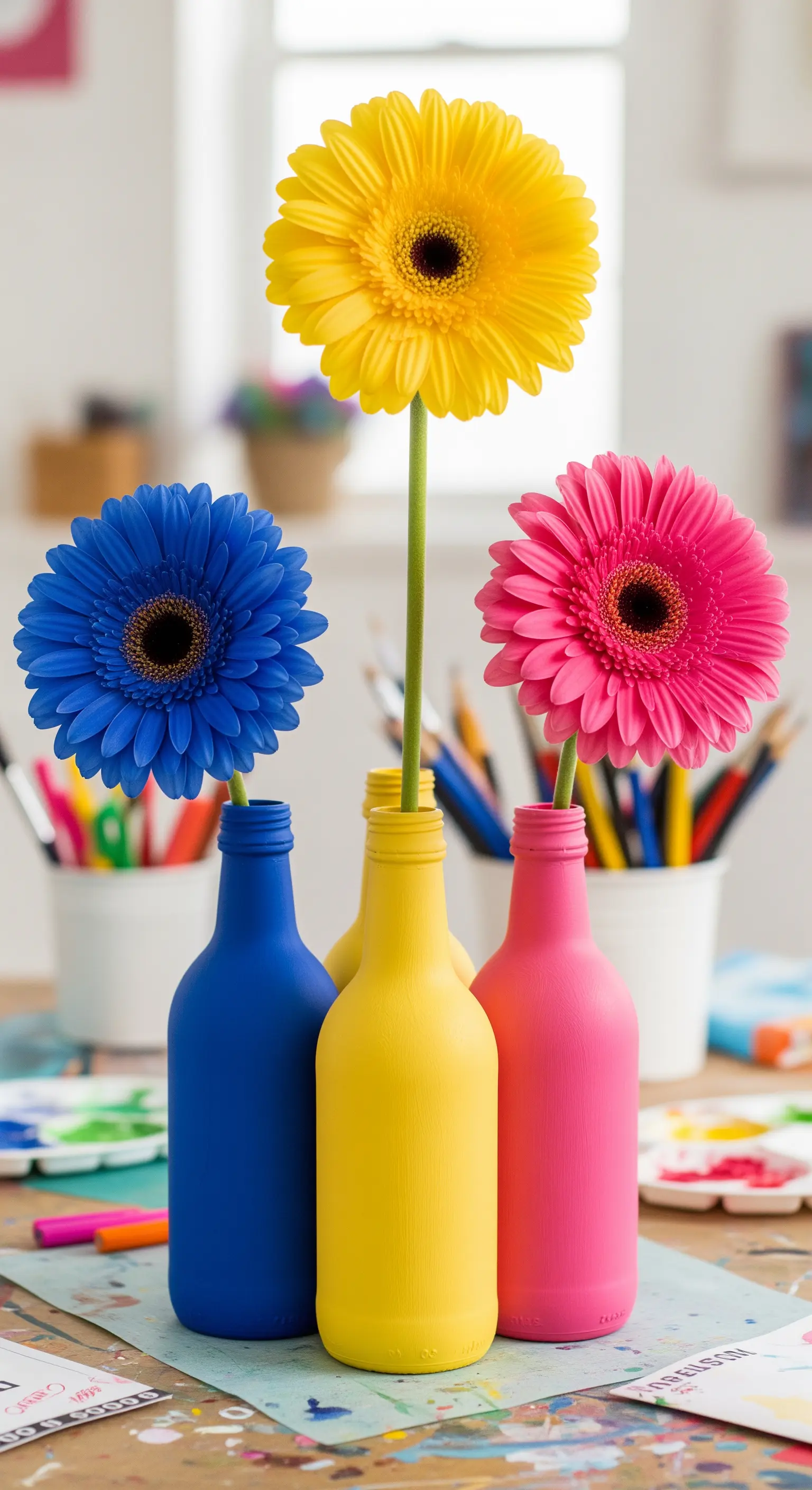 Tre bottiglie di vetro dipinte di blu, giallo e rosa, ognuna con una singola gerbera.