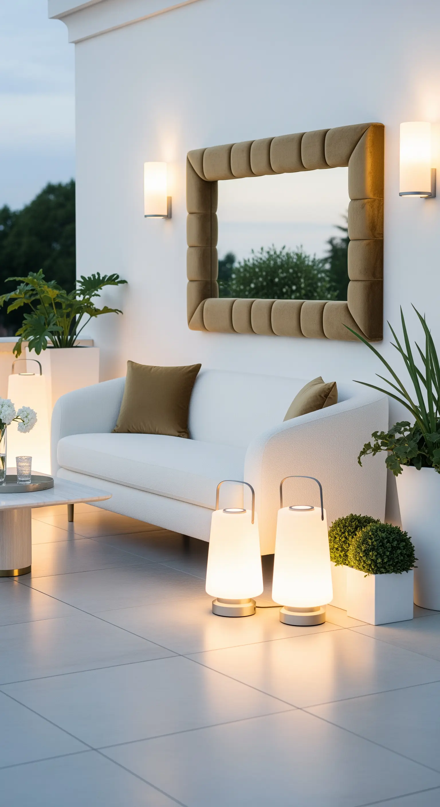 Terrazza con divano bianco, cuscini ocra e uno specchio con cornice imbottita in velluto ocra