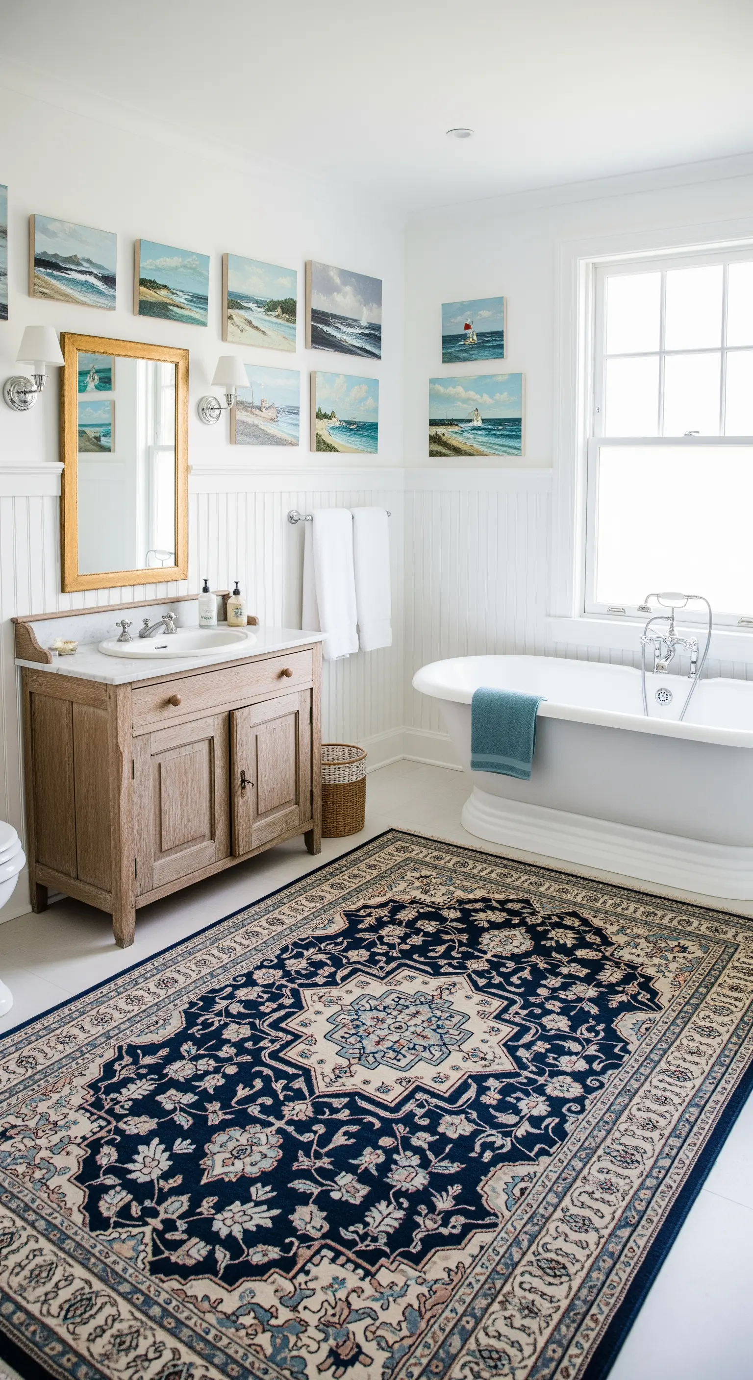 Bagno bianco in stile coastal con una parete di quadri di paesaggi marini.
