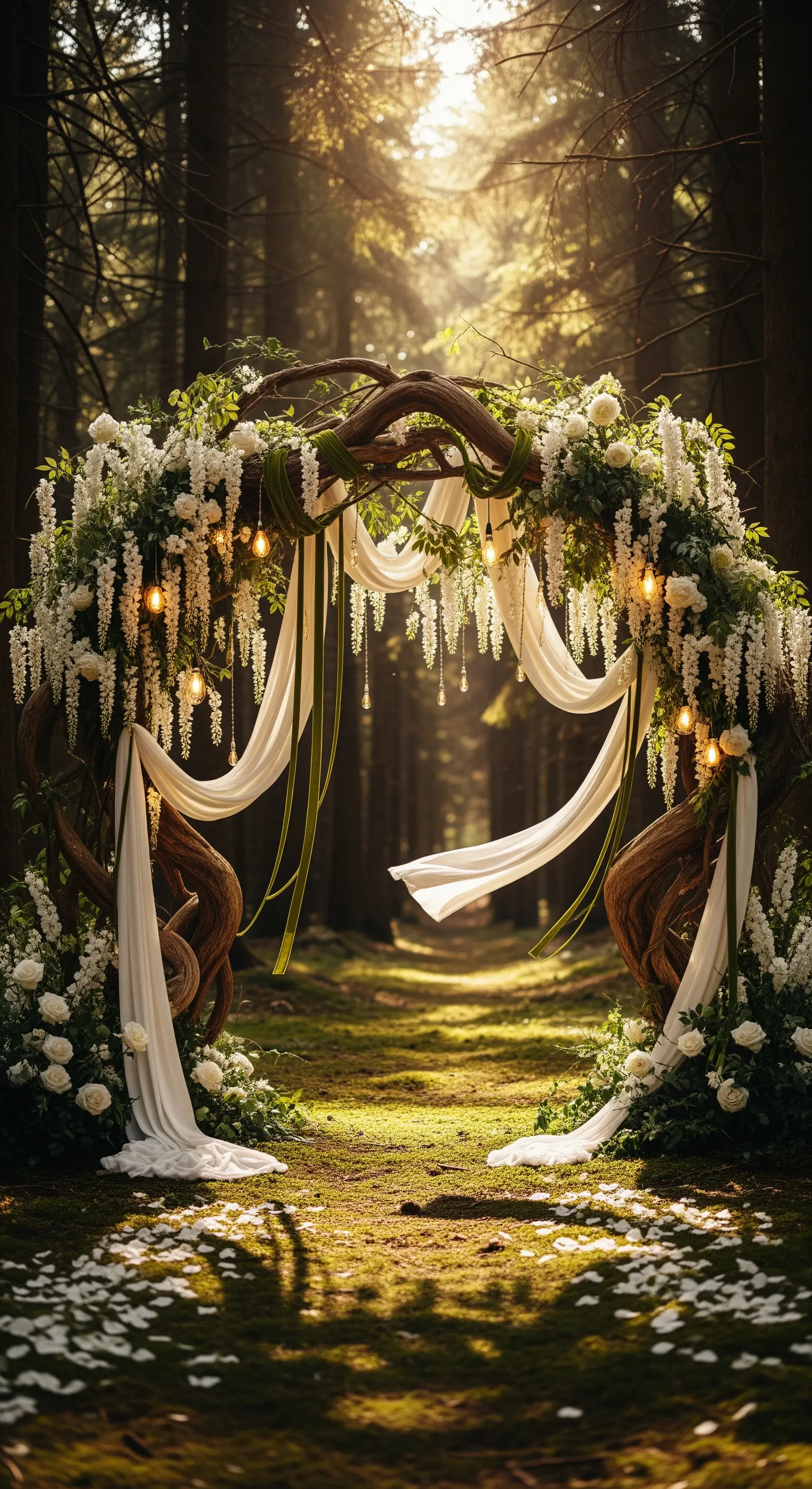 Arco nuziale rustico con rami intrecciati, fiori bianchi e luci calde in una foresta.