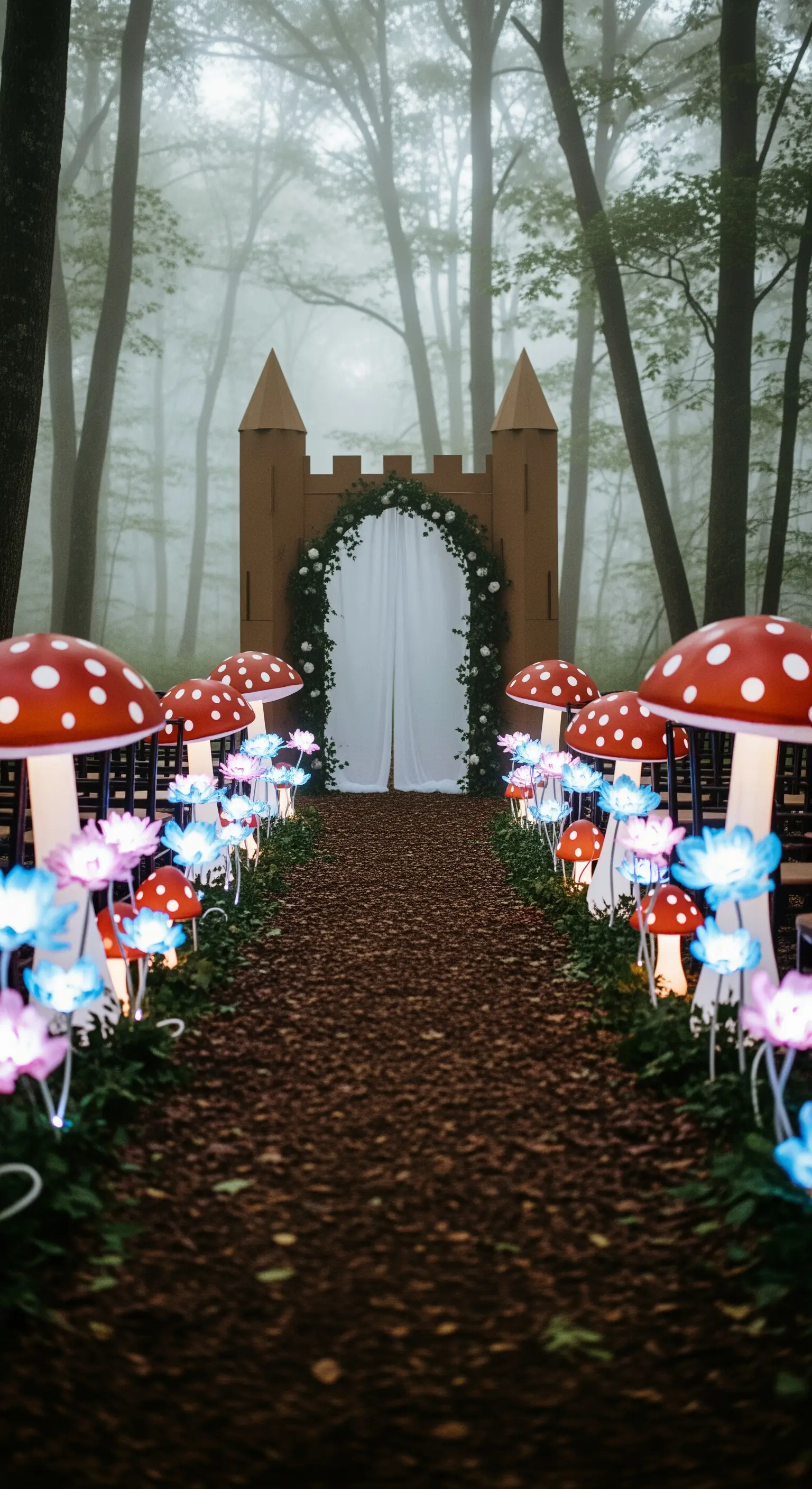 Sentiero nel bosco che conduce a un arco a forma di castello, fiancheggiato da fiori luminosi.