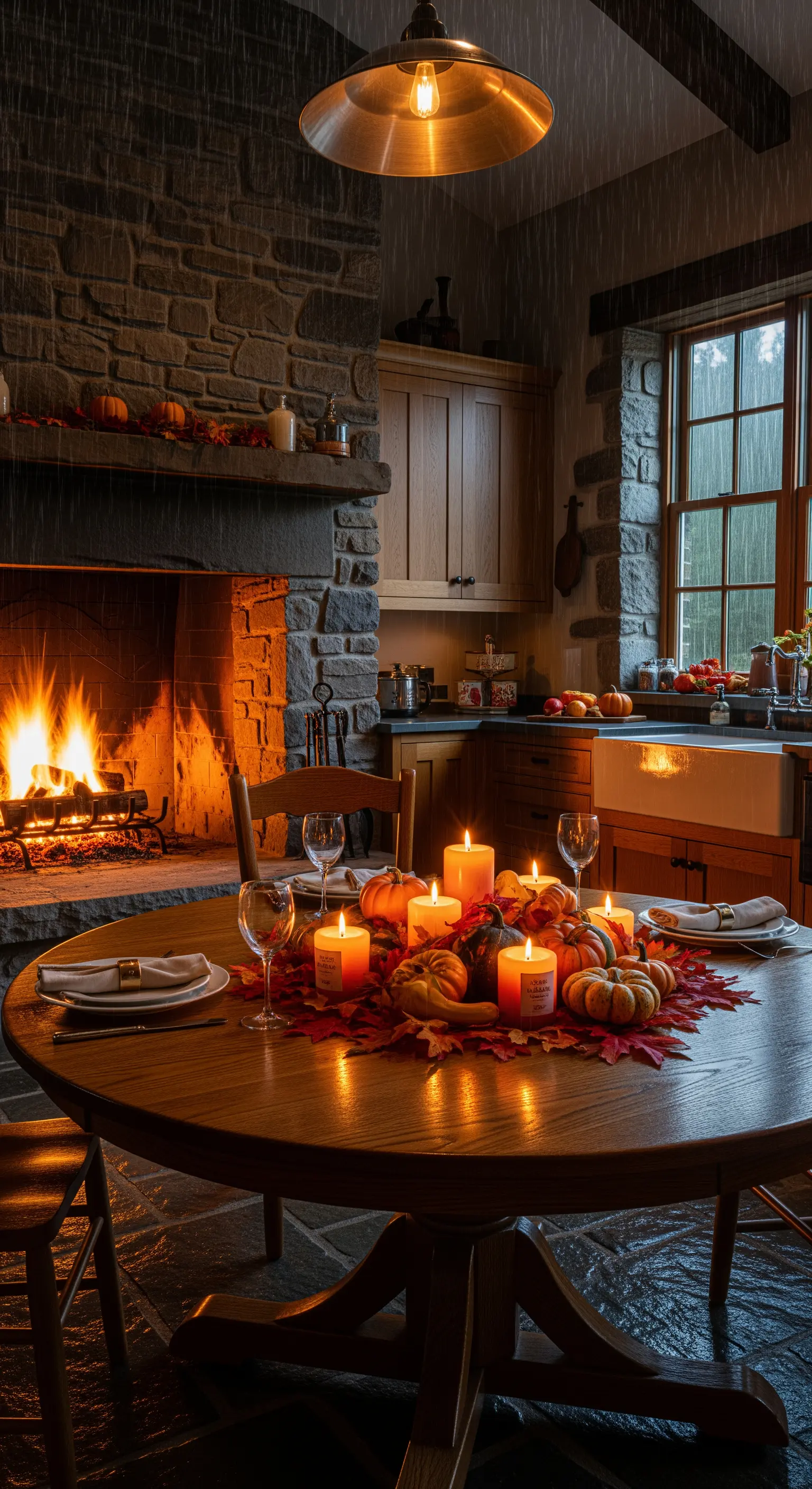 Cucina rustica con camino in pietra e tavolo rotondo decorato a tema autunnale con zucche e candele.