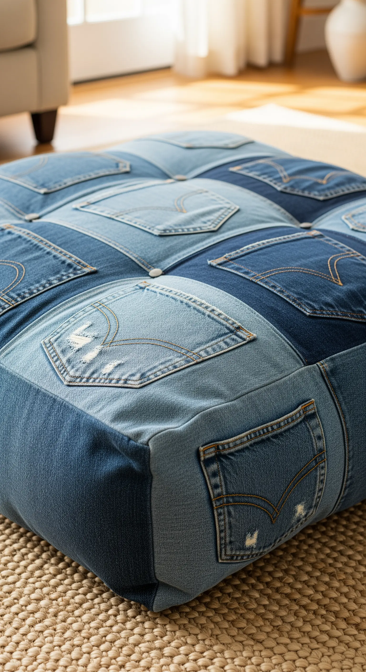 Pouf quadrato da terra realizzato interamente con tasche posteriori di vecchi jeans.
