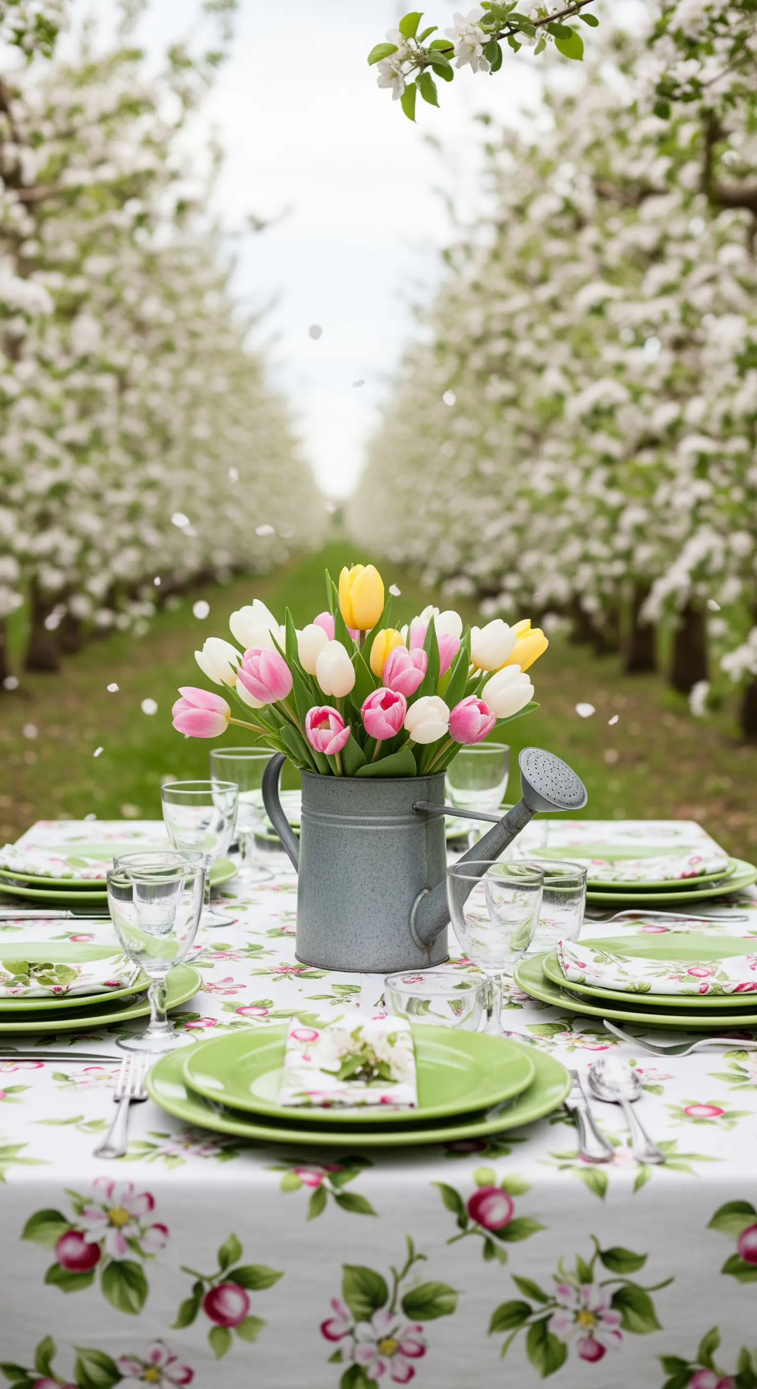 Tavola in un frutteto in fiore con annaffiatoio come vaso per tulipani e piatti verdi.