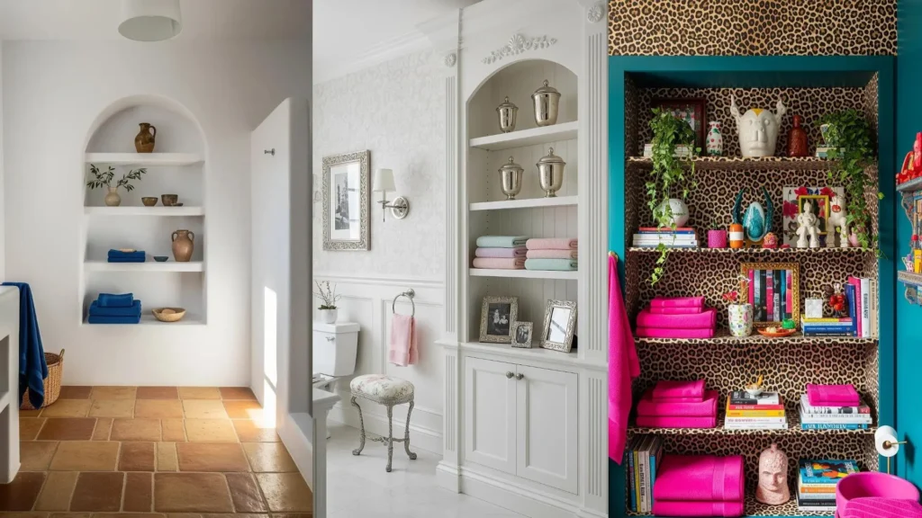Tre bagni con librerie integrate eleganti: asciugamani colorati, piante e accessori decorativi per un design pratico e raffinato.