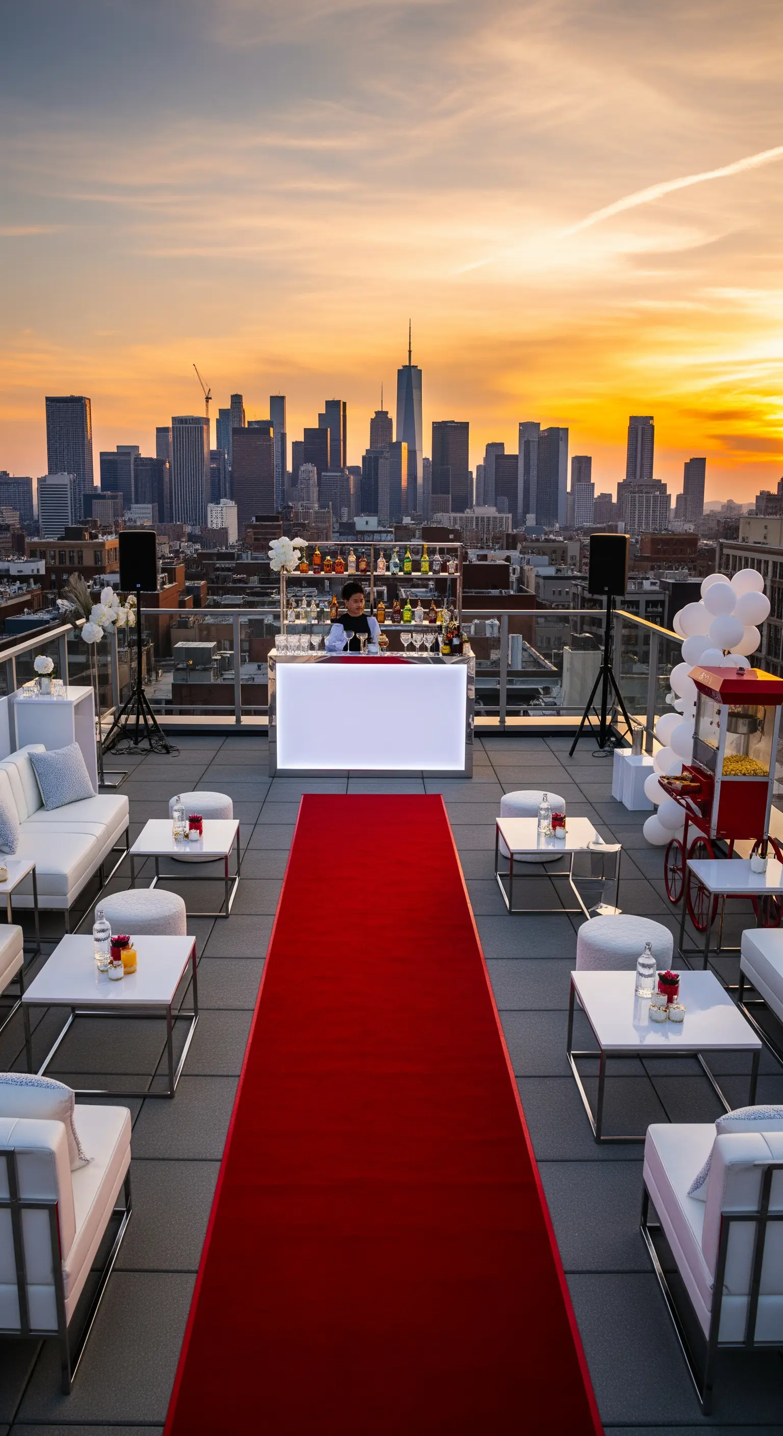 Festa su una terrazza panoramica con tappeto rosso, bar luminoso e skyline.