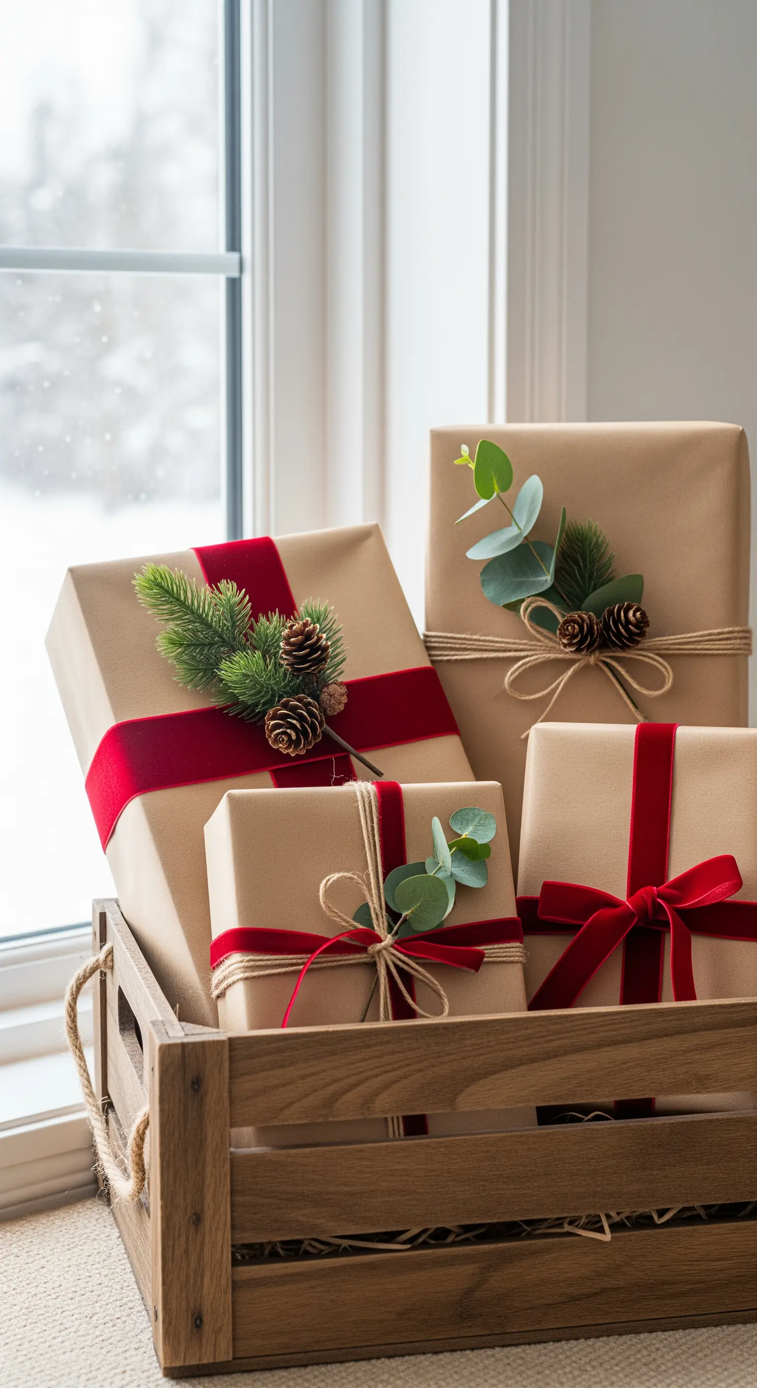 Cassetta di legno piena di pacchetti regalo decorati con nastri rossi ed eucalipto.