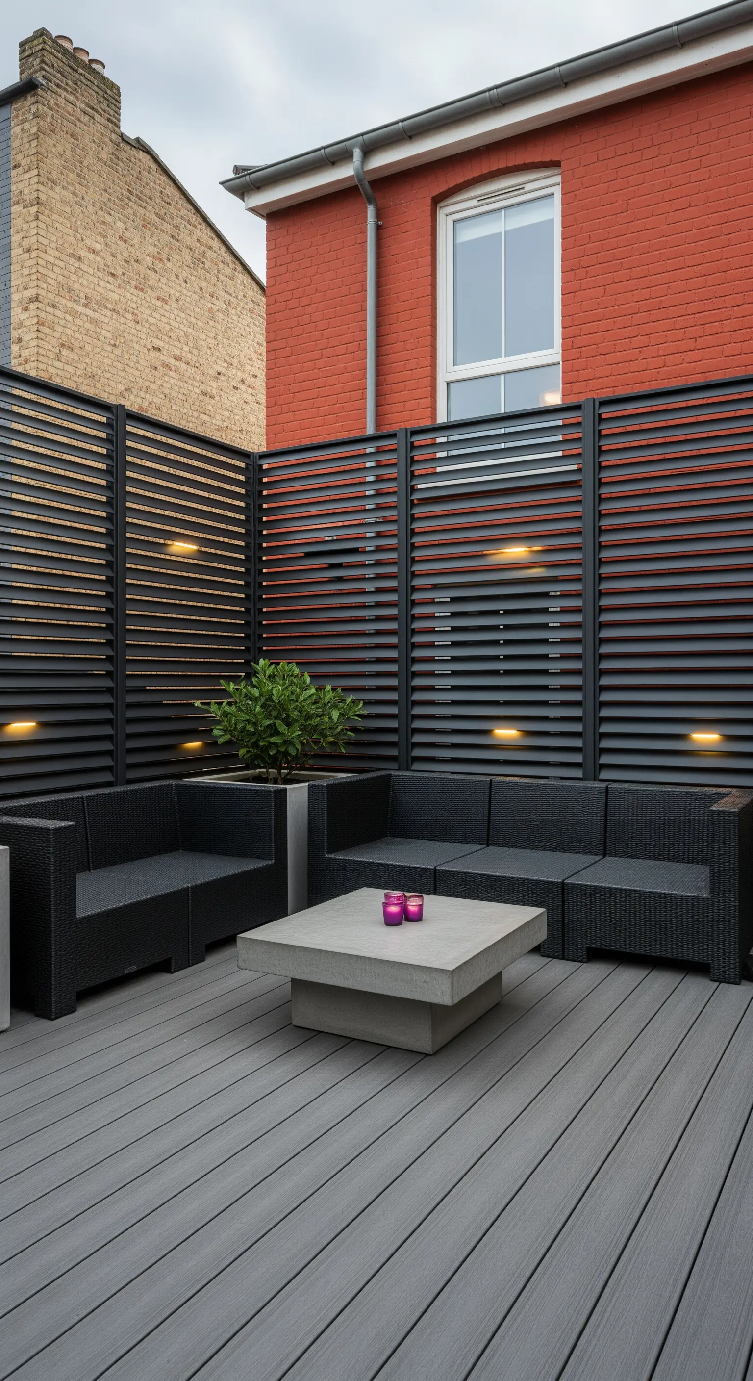 Patio con pareti frangisole in metallo nero e luci integrate tra i listelli.