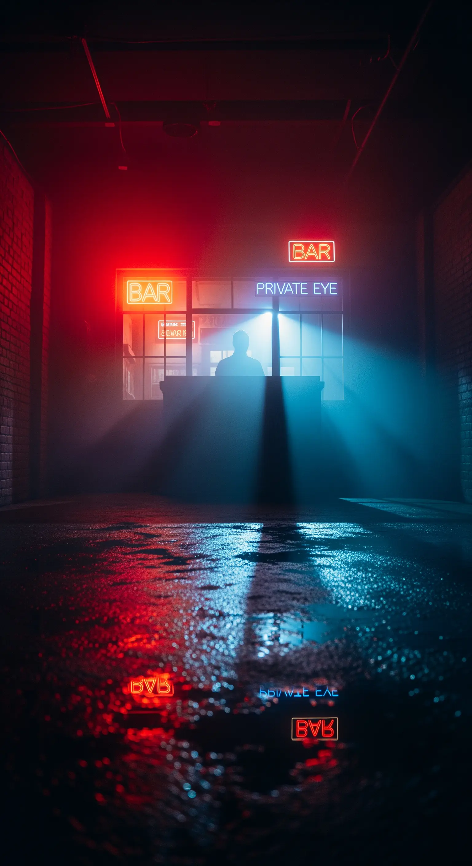 Sagoma di un DJ dietro una finestra con insegne al neon 