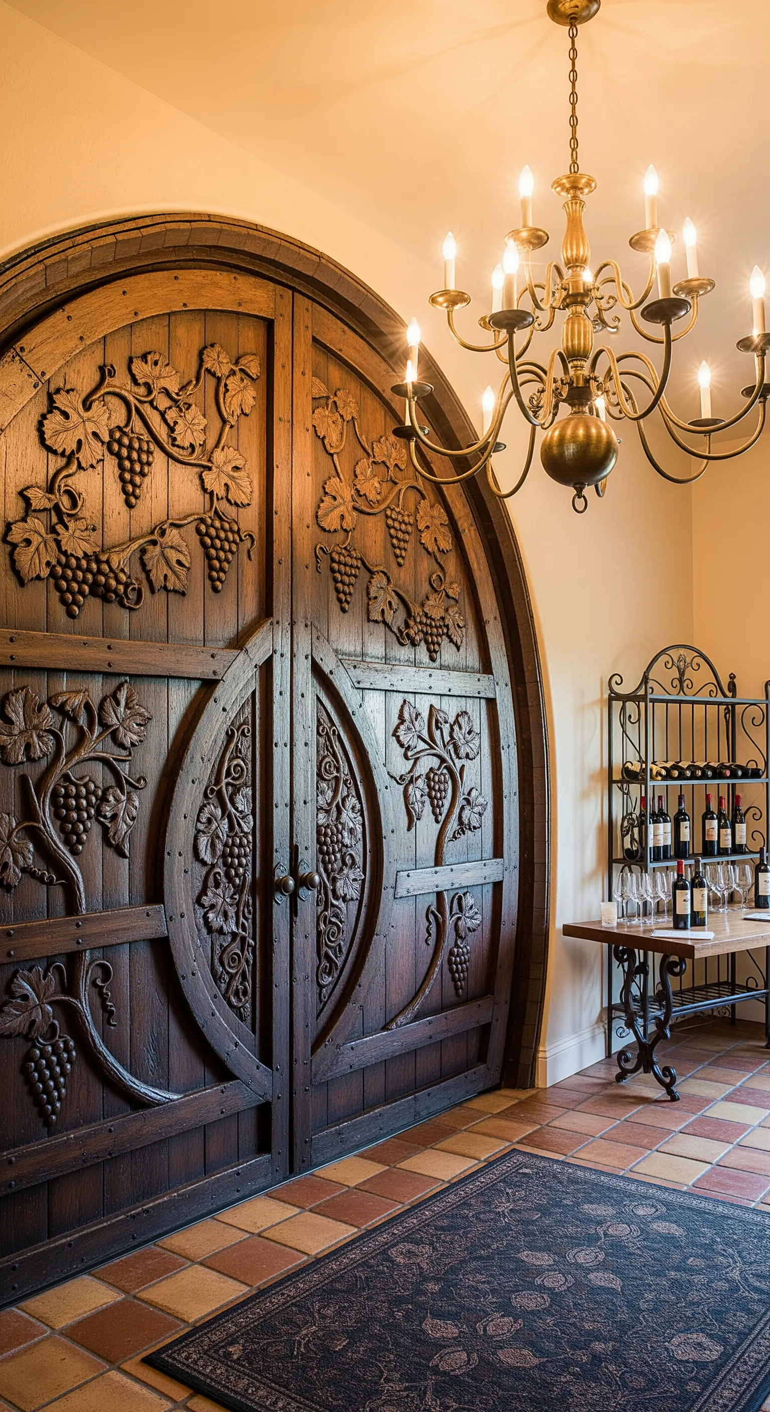 Ingresso di una cantina con una grande porta rotonda in legno intagliato a forma di botte.