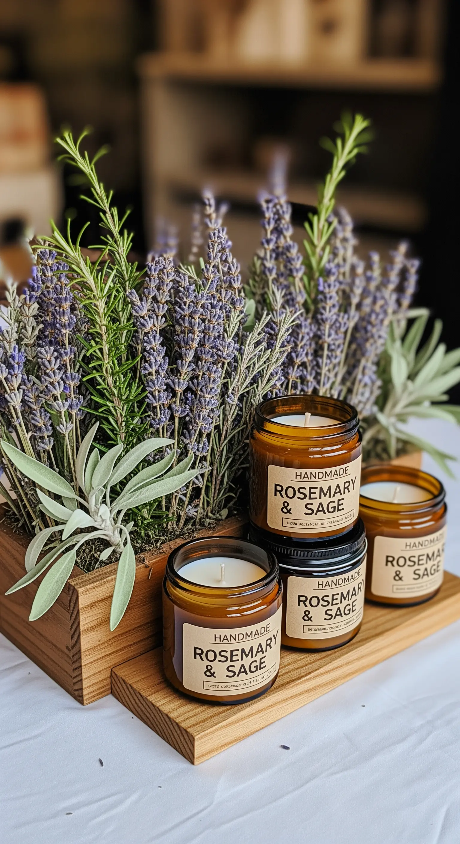 Candele artigianali al rosmarino e salvia accanto a una cassetta di legno con lavanda.