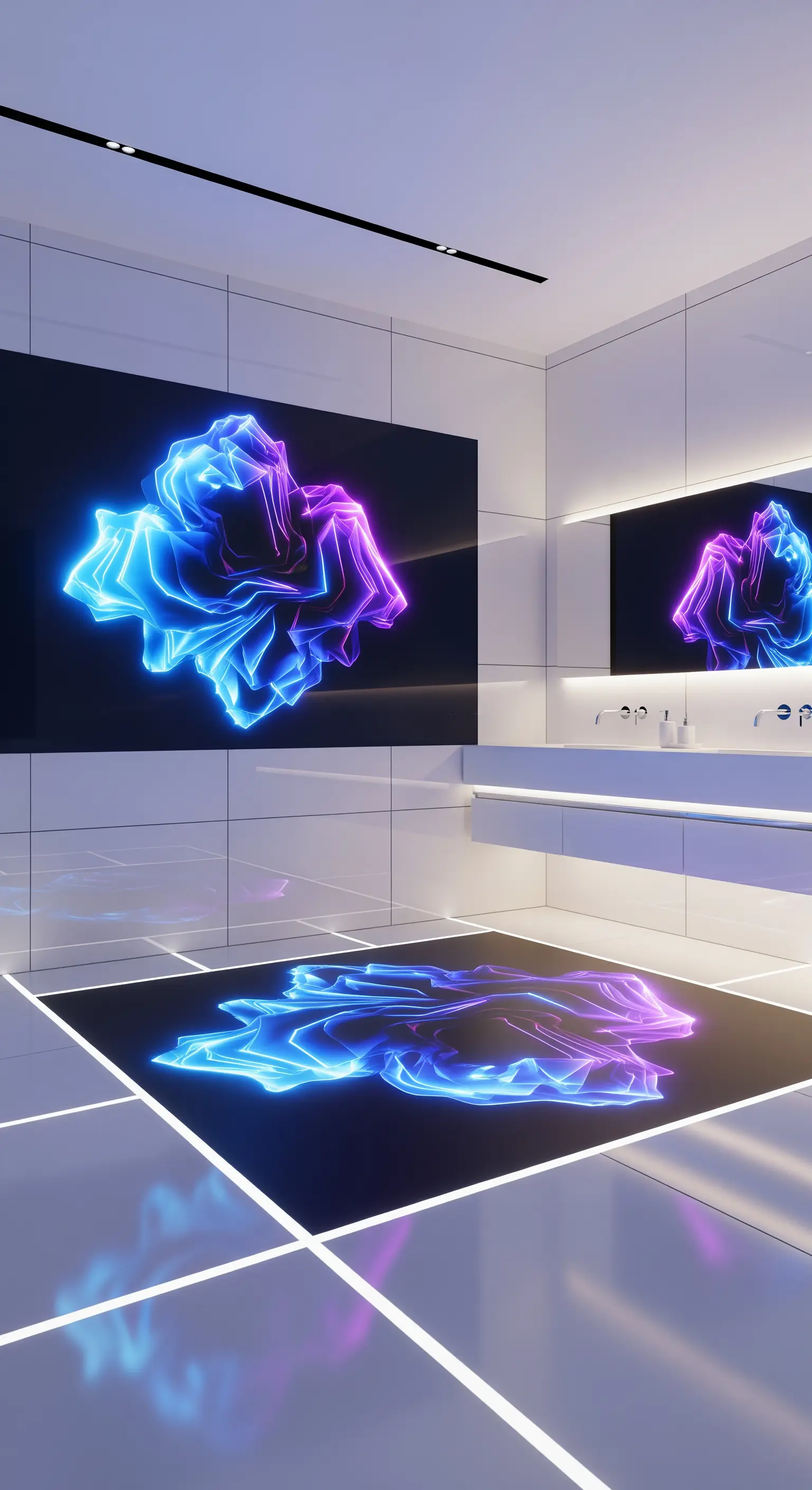 Bagno futuristico con un'opera d'arte digitale al neon e illuminazione a LED integrata.
