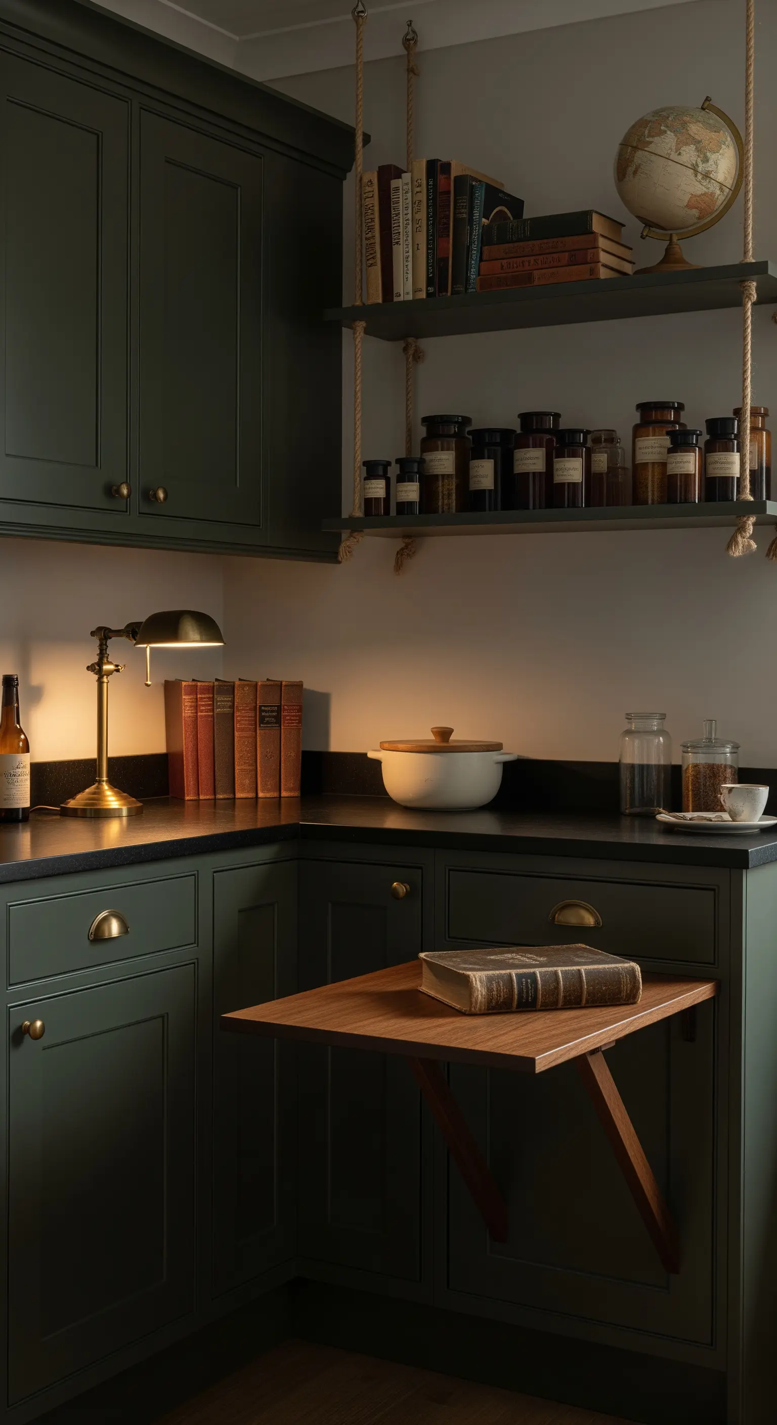 Cucina verde scuro con mensole sospese che ospitano libri e un piccolo tavolo a ribalta.