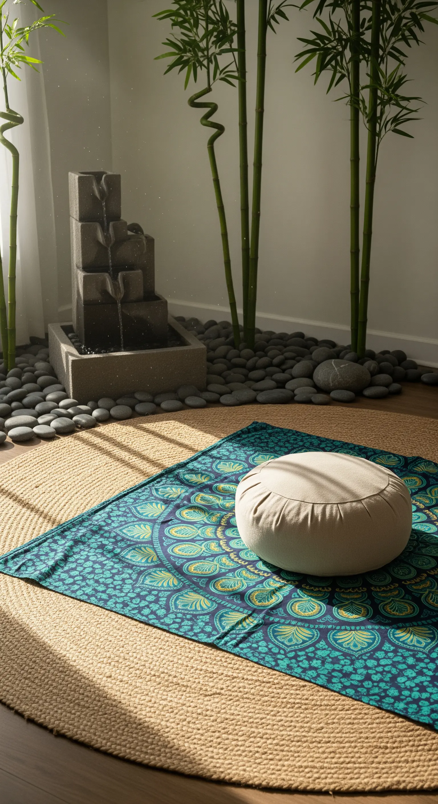 Angolo meditazione con cuscino zafu, tappeto a mandala, piante di bambù e una piccola fontana.