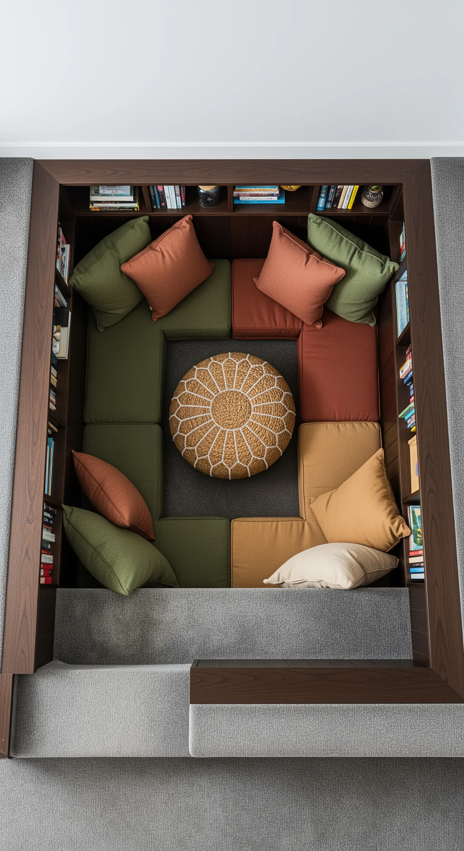 Spazio lettura ribassato e quadrato con cuscini componibili colorati e librerie integrate.