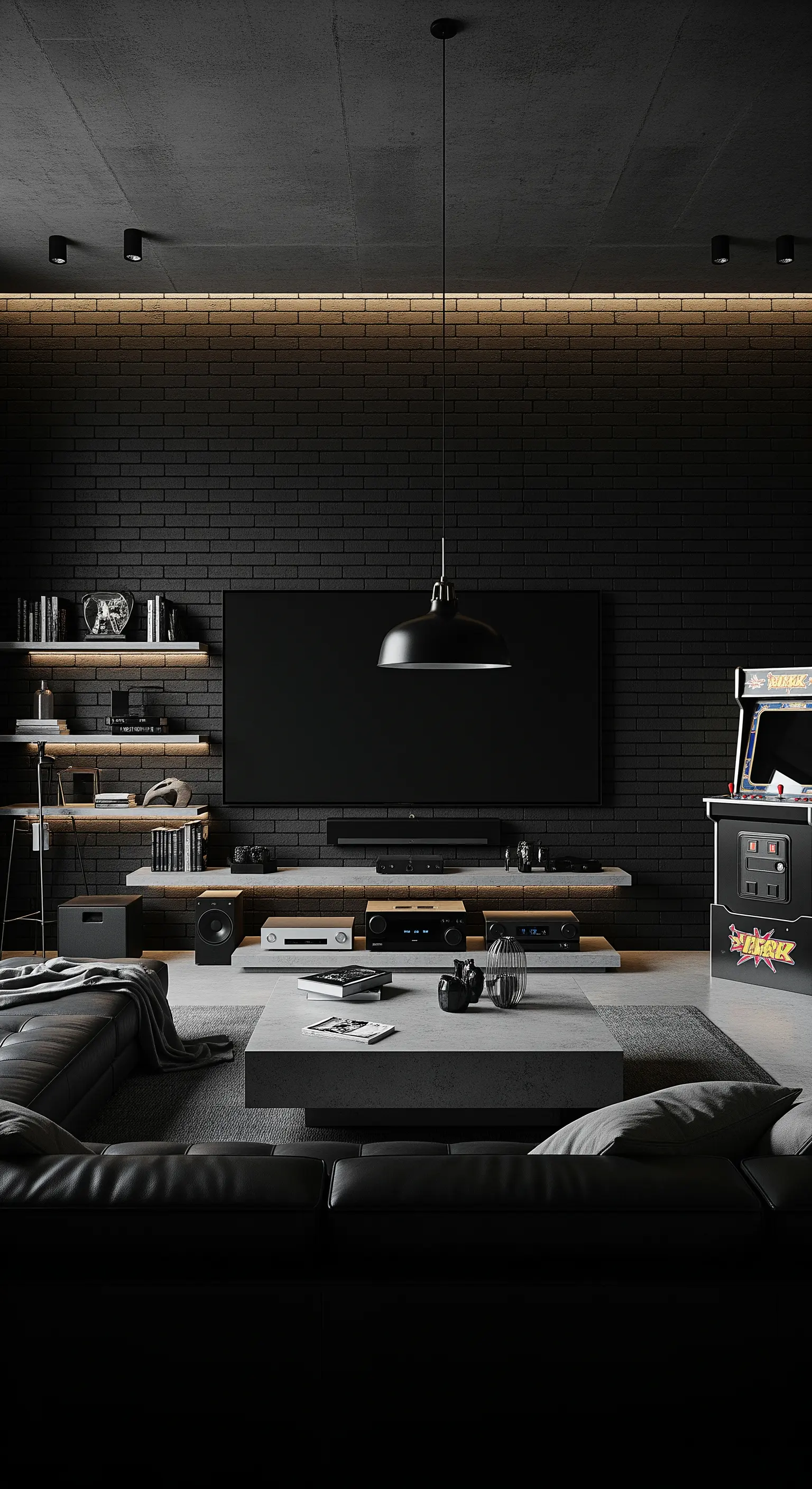 Media room moderna con parete di mattoni neri, divano in pelle nera e illuminazione a LED.