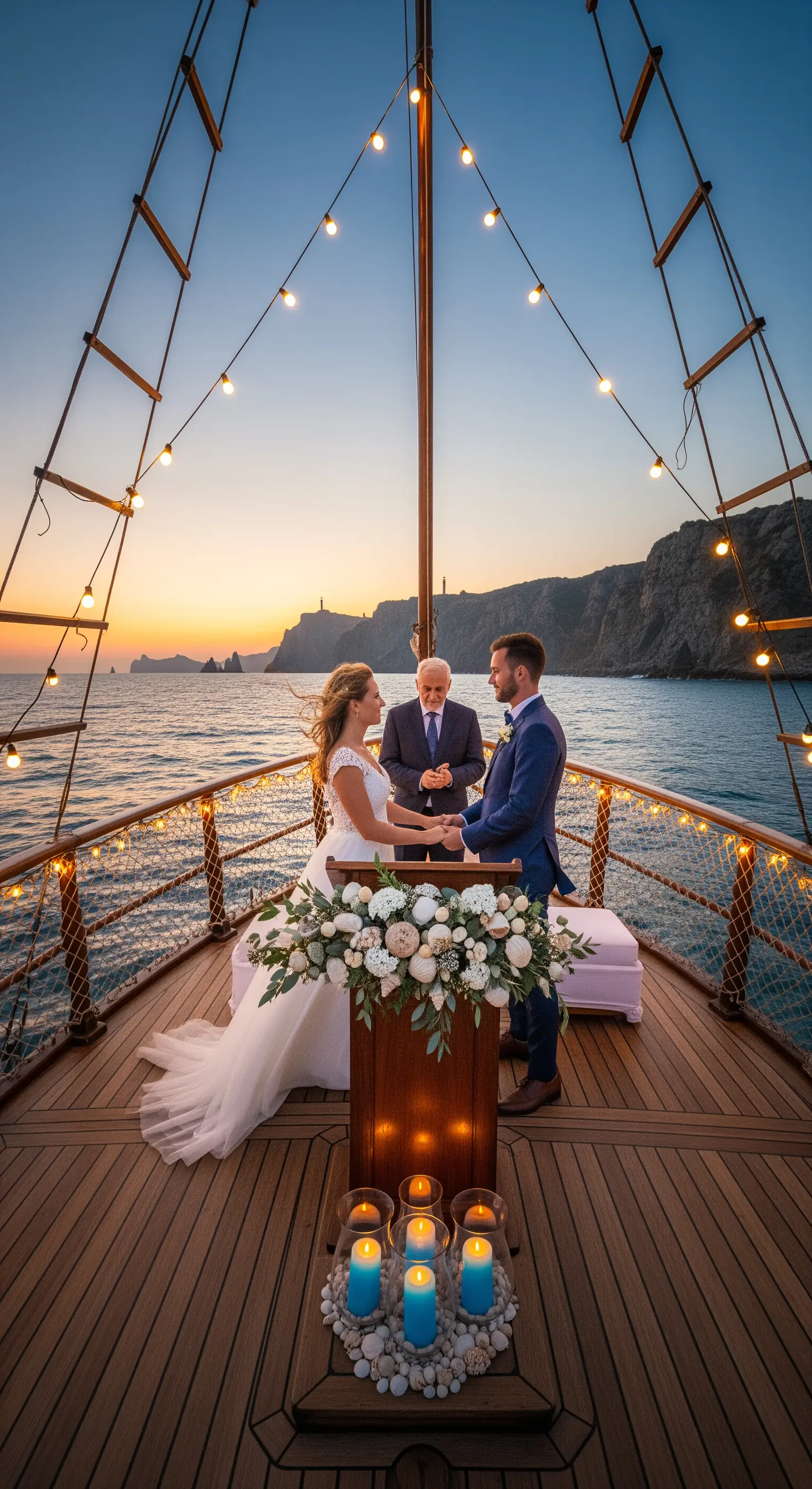 Cerimonia di nozze sul ponte di una barca a vela al tramonto con luci e candele
