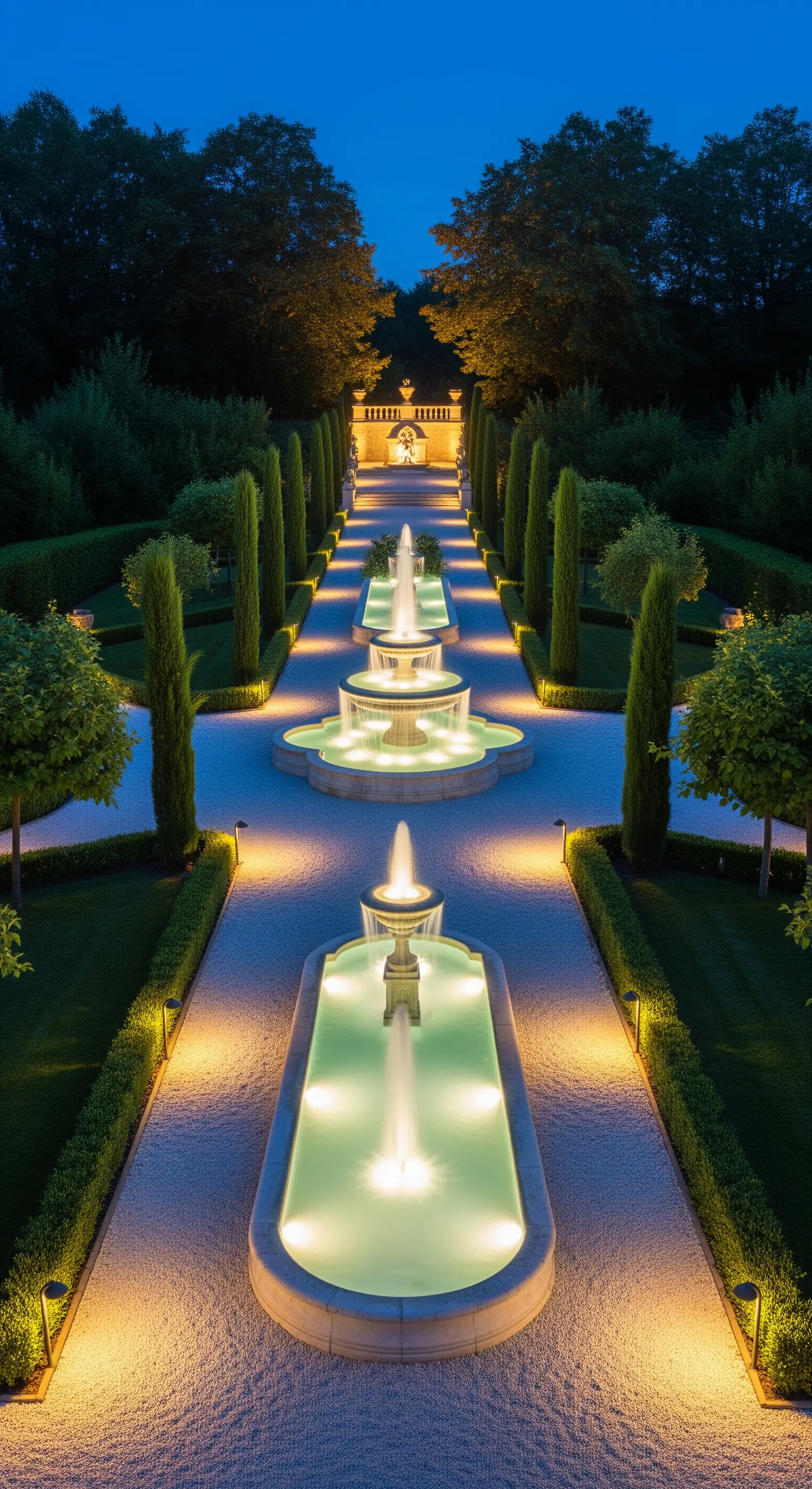 Lungo viale con fontane a più livelli illuminate dal basso in un giardino formale.