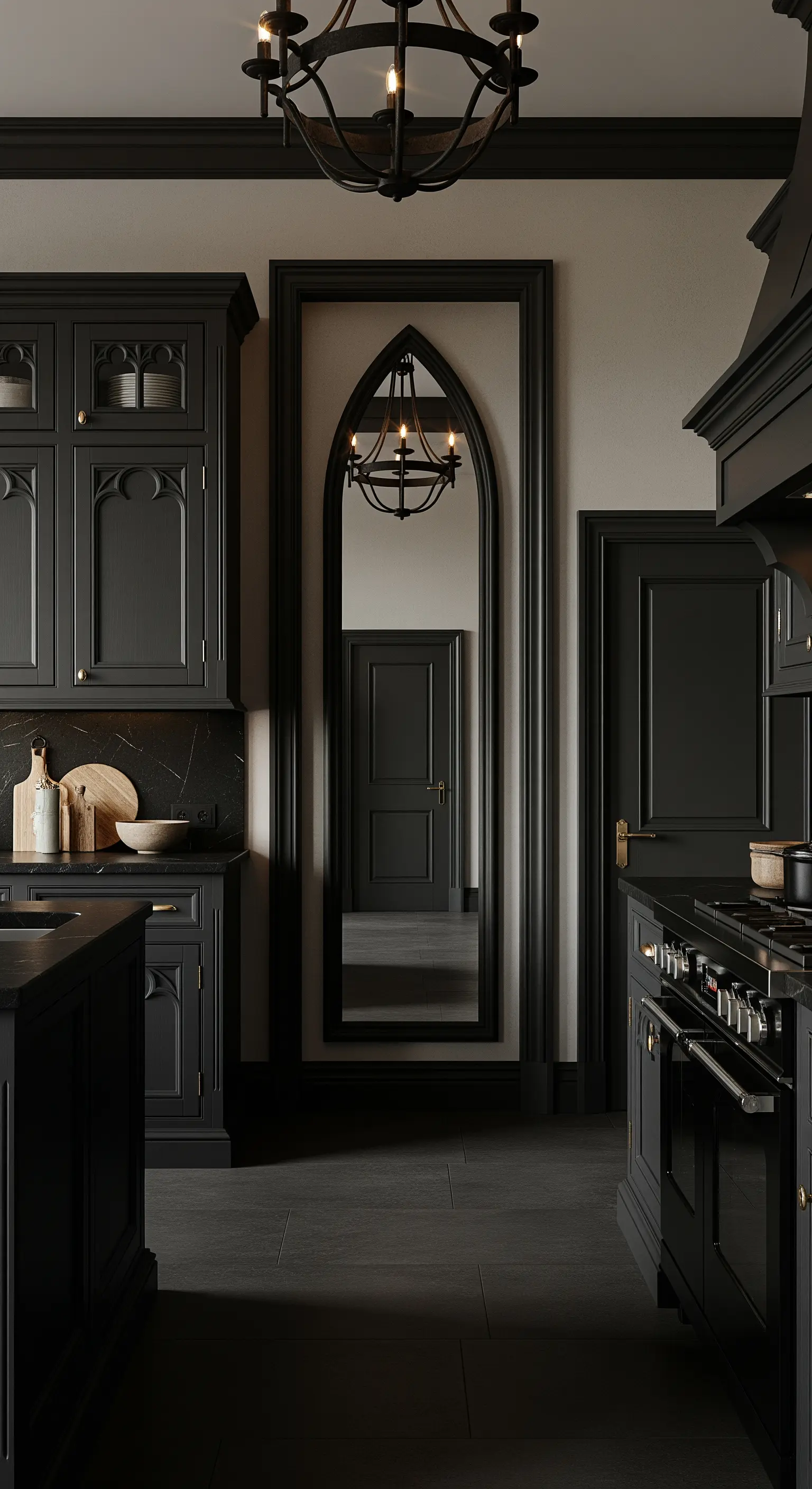 Cucina total black con un alto specchio nero a forma di arco gotico.