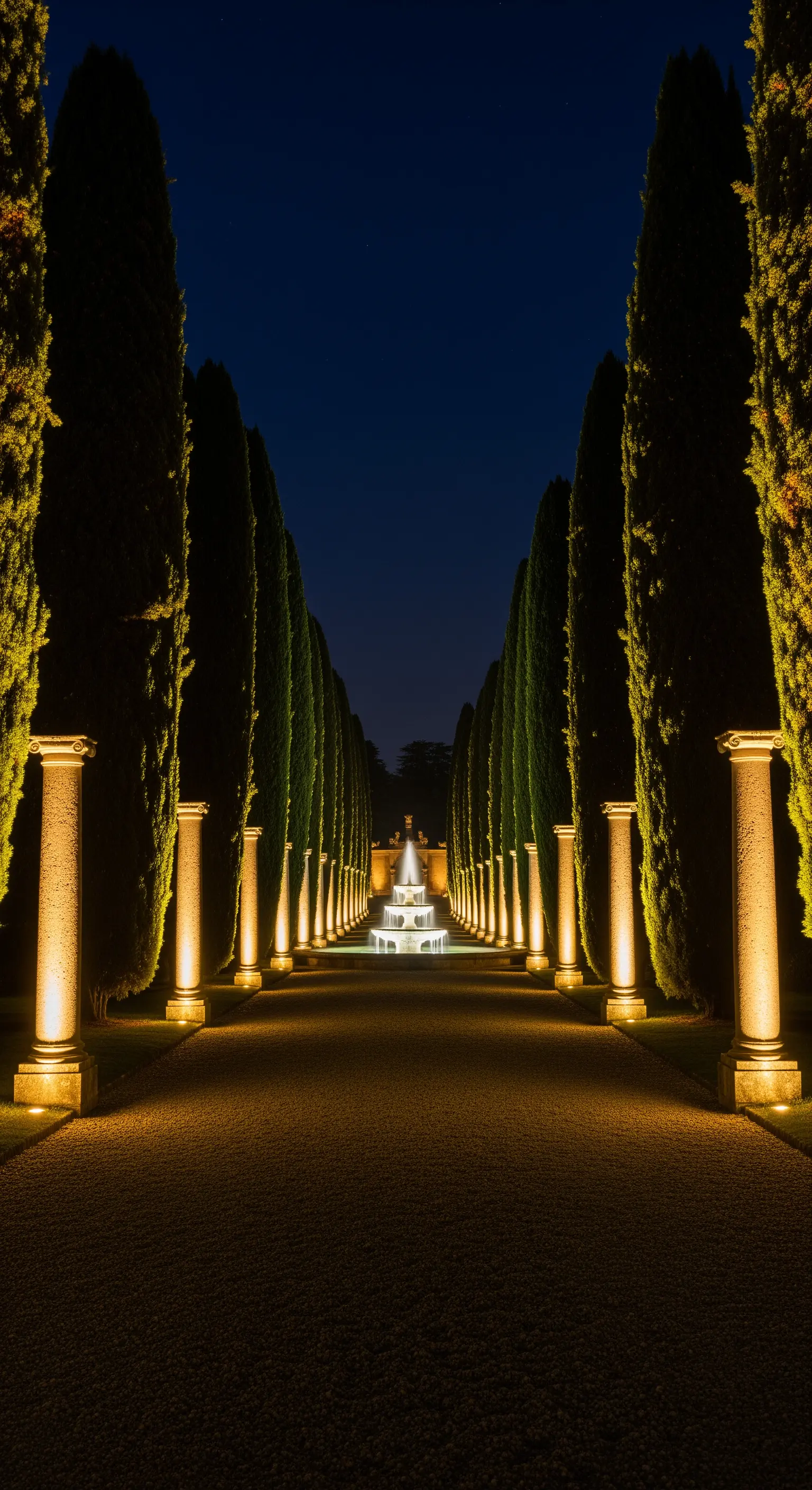 Viale notturno con colonne e cipressi illuminati dal basso verso una fontana.