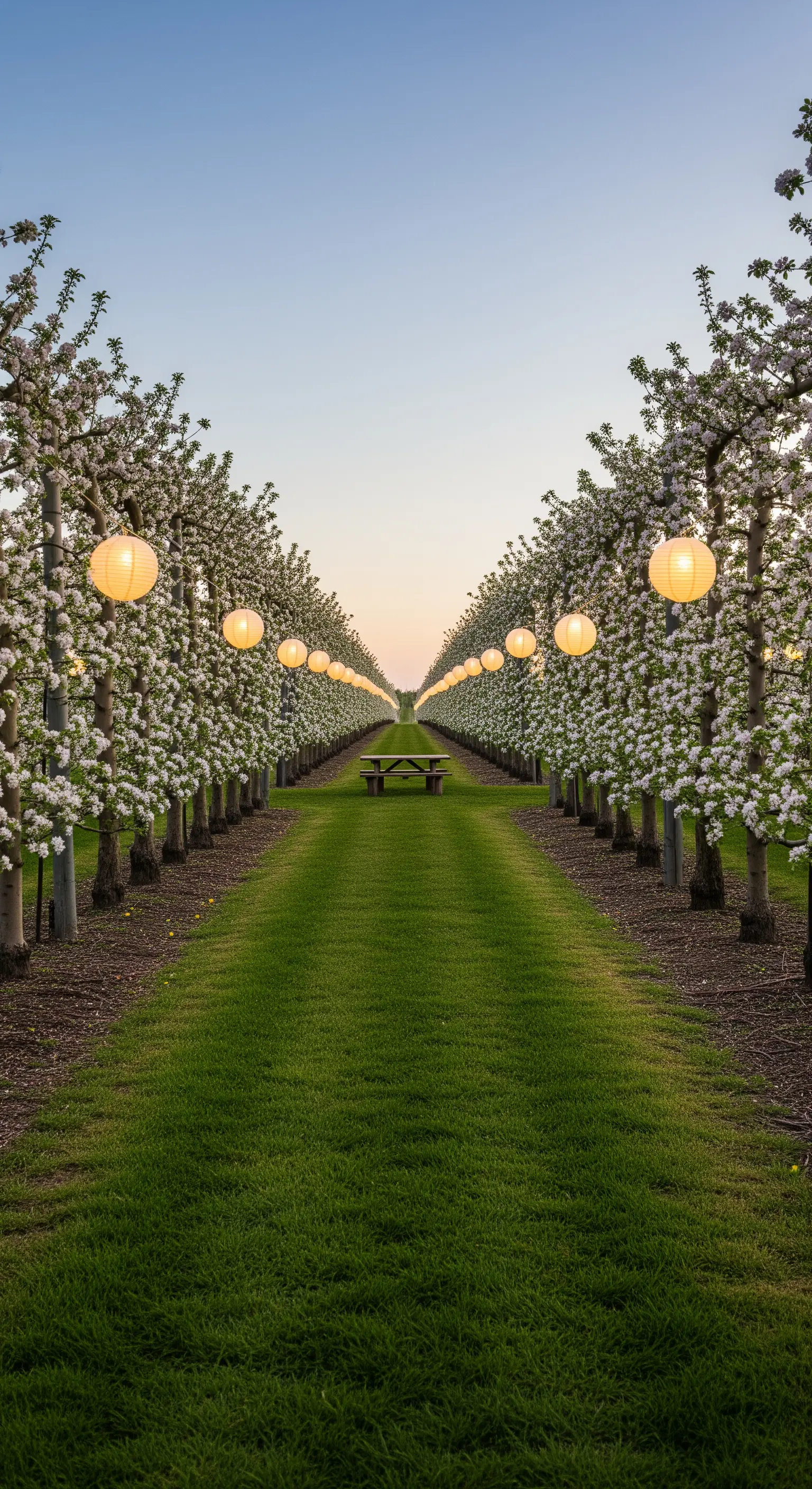 Lungo viale in un frutteto in fiore, con lanterne di carta rotonde appese agli alberi e un tavolo in fondo