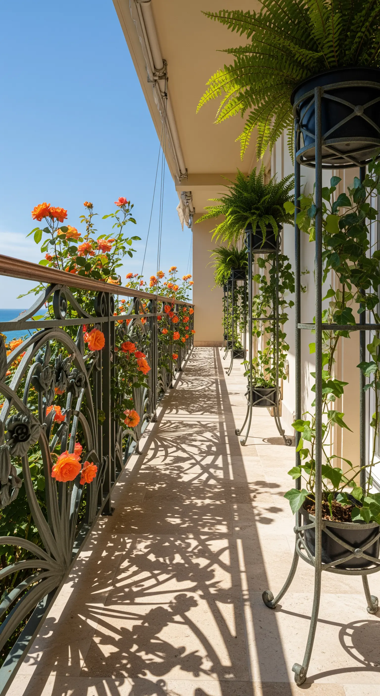 Balcone lungo e stretto con fioriere verticali in ferro e rose arancioni sulla ringhiera.