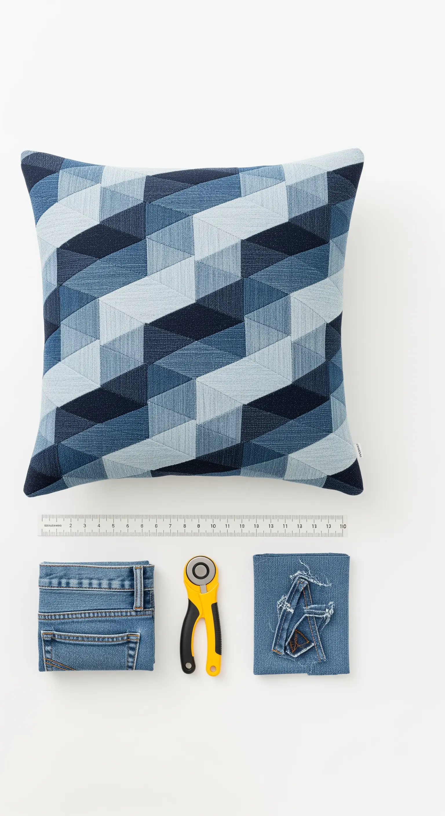 Cuscino con pattern geometrico complesso in varie tonalità di denim, accanto agli strumenti per il taglio.