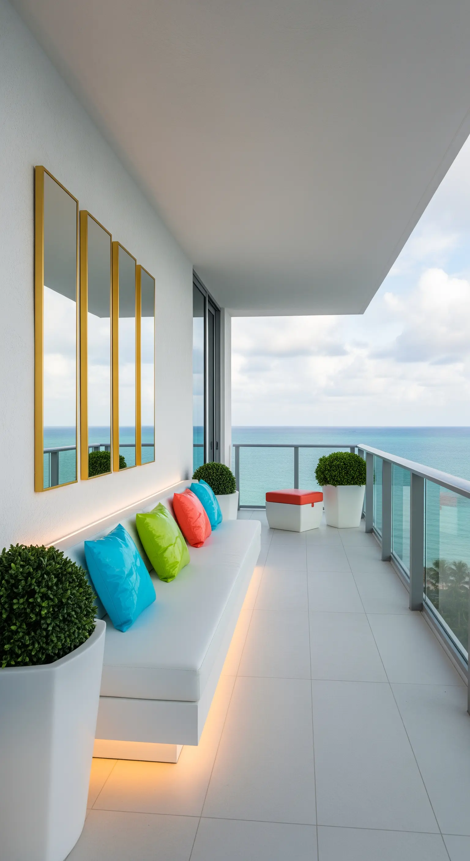 Balcone con vista mare, panca bianca illuminata e una serie di specchi dorati verticali.