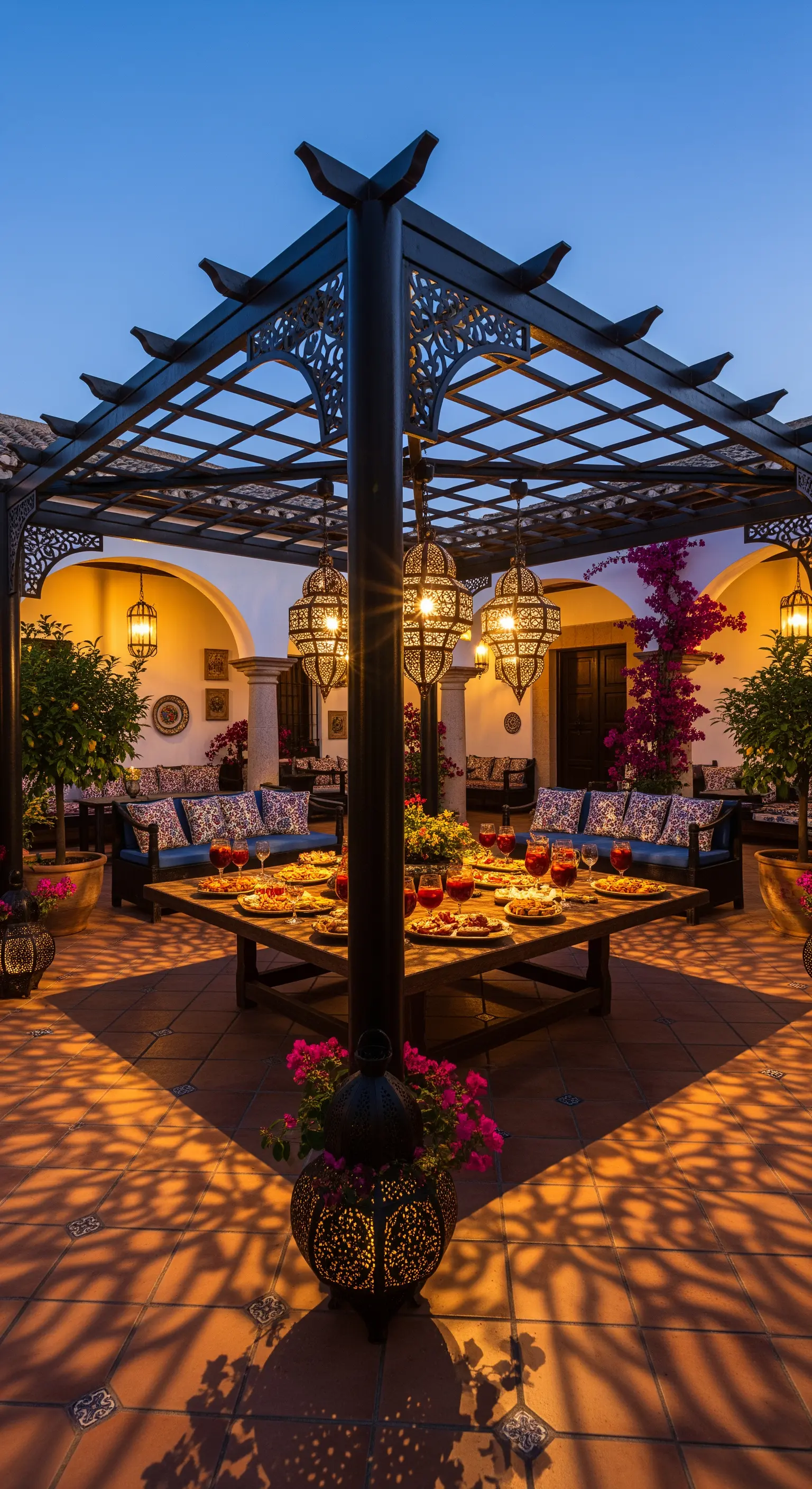 Cortile in stile marocchino con pergolato scuro, divani e lanterne metalliche intarsiate.