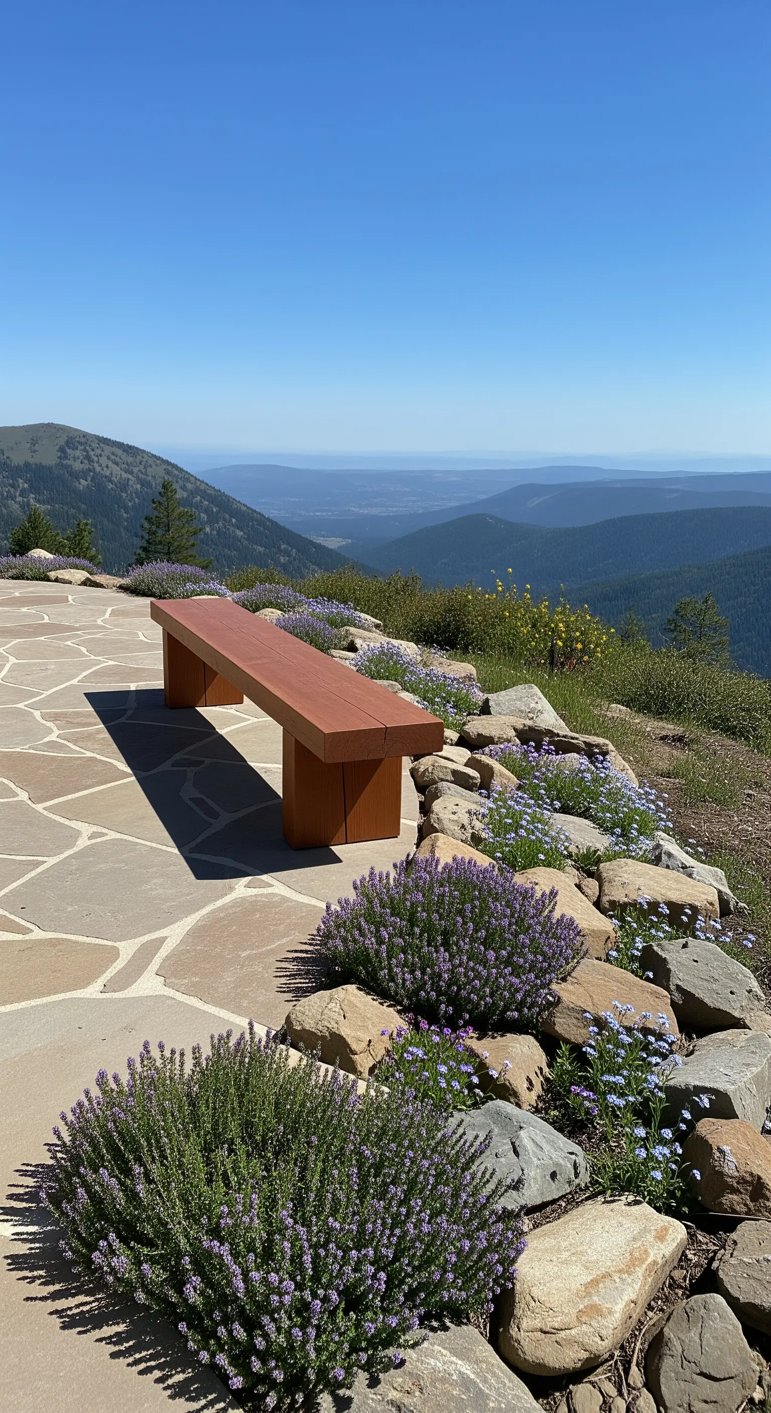 Panca moderna in legno su una terrazza panoramica in pietra con vista sulle montagne.