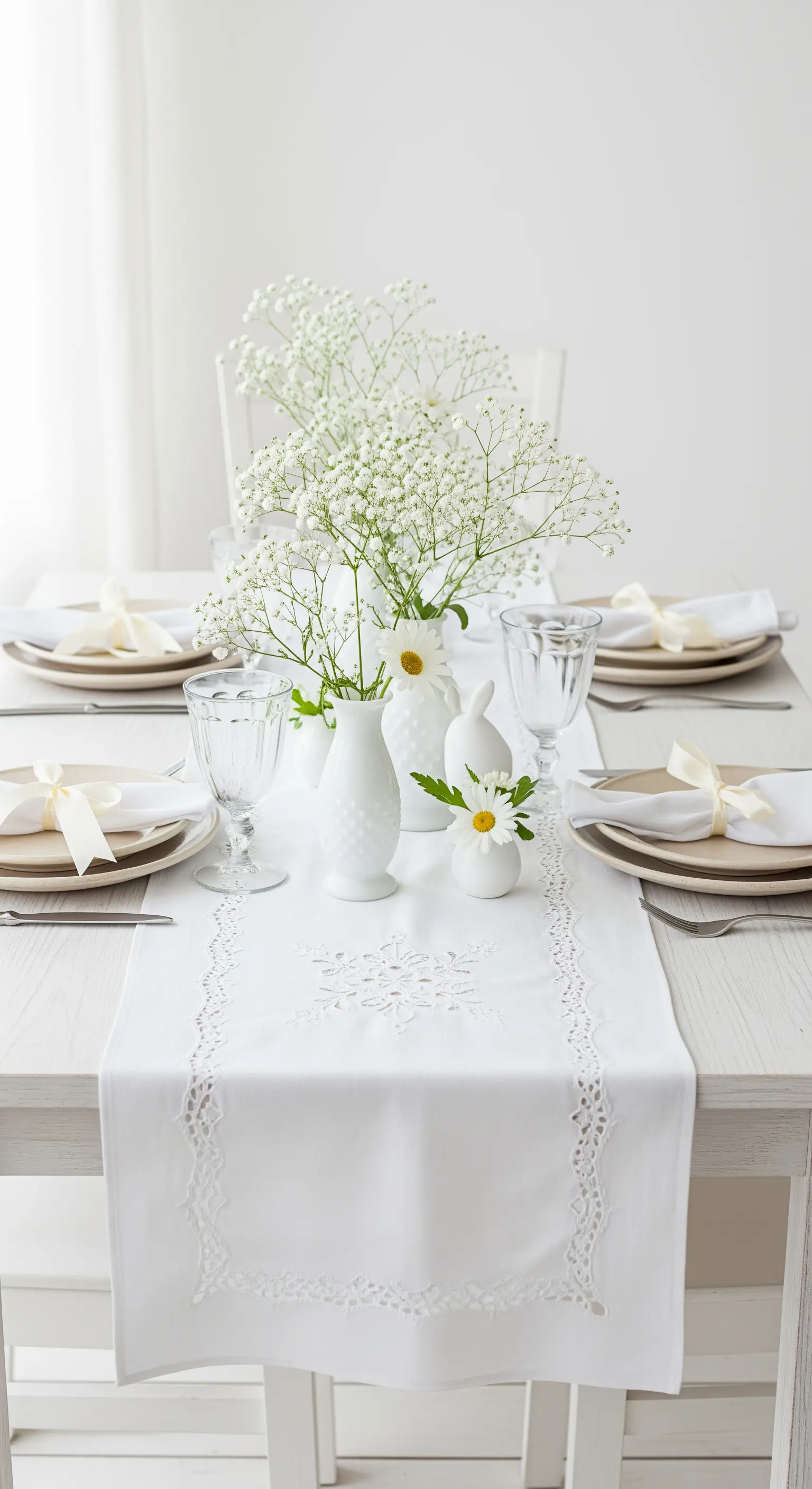 Tavola pasquale total white con runner ricamato e centrotavola di gypsophila in vasi bianchi