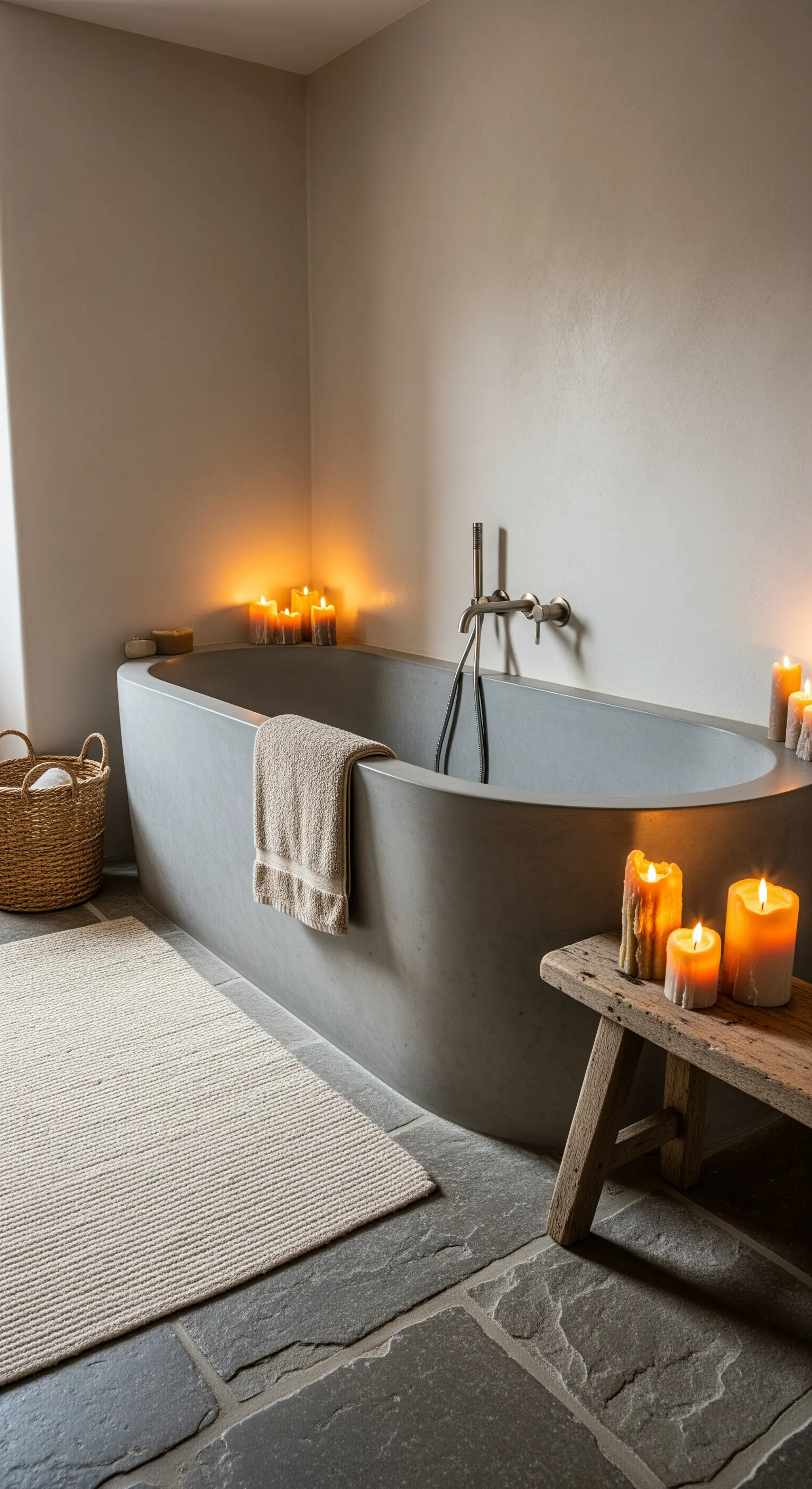Bagno minimalista con vasca in cemento, pavimento in pietra e sgabello in legno rustico.