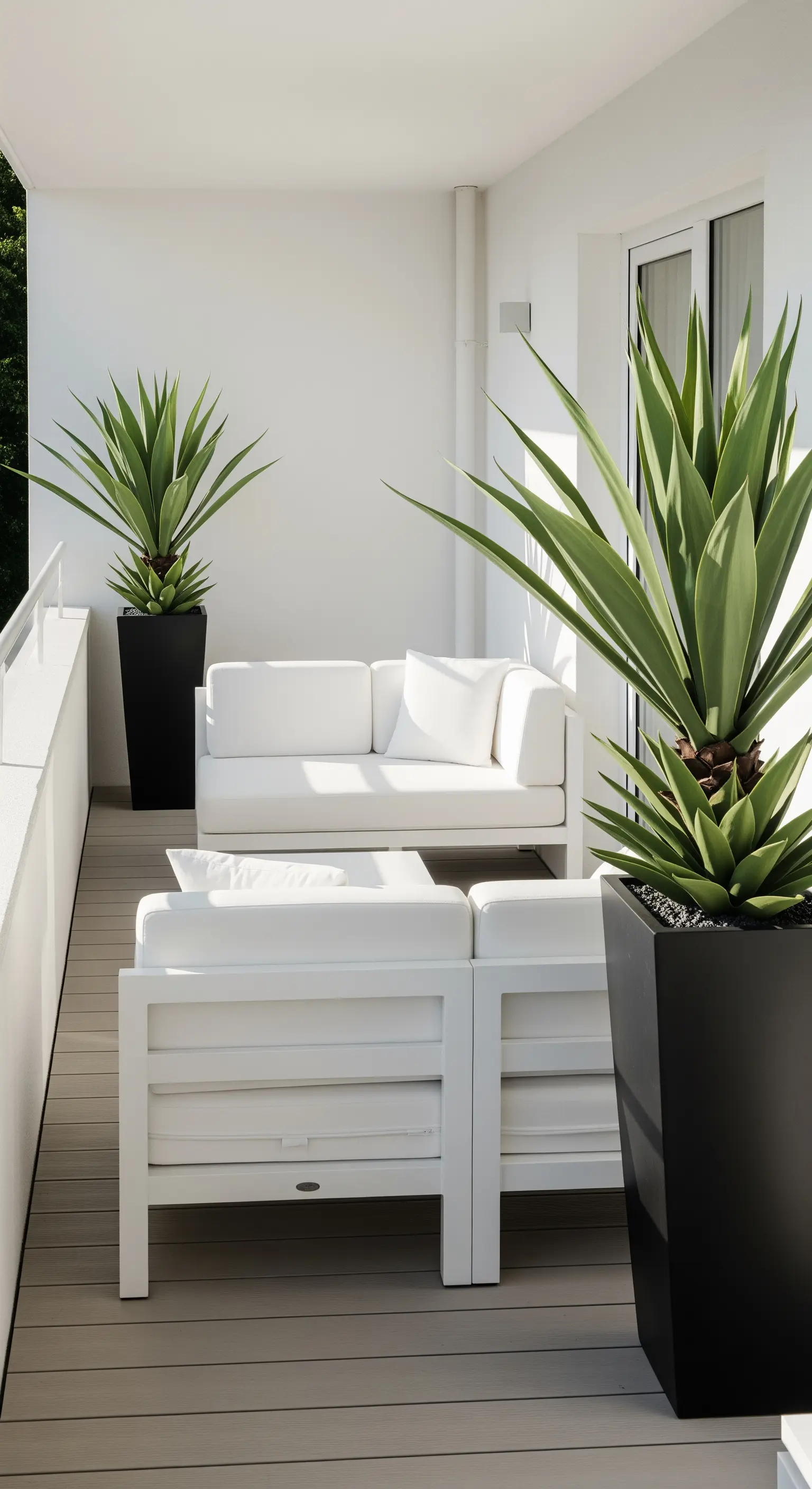 Balcone total white con divano componibile e grandi piante artificiali in vasi neri moderni.