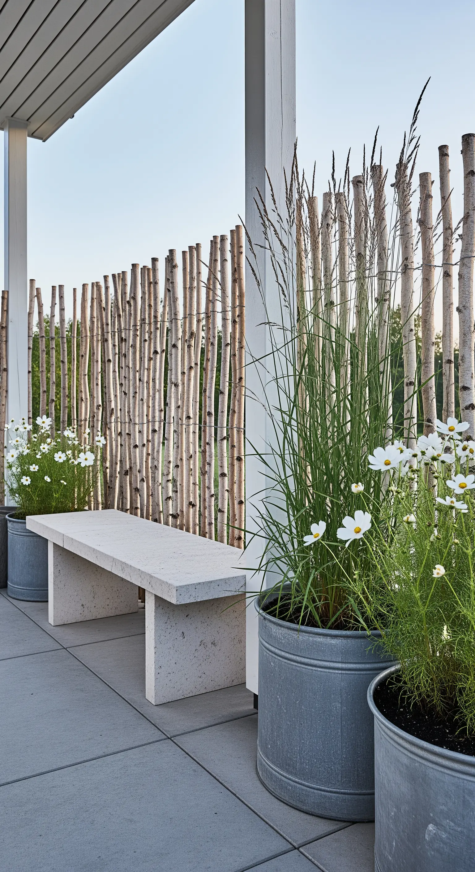 Patio in stile scandinavo con panca in cemento, recinzione in betulla e fioriere in metallo.