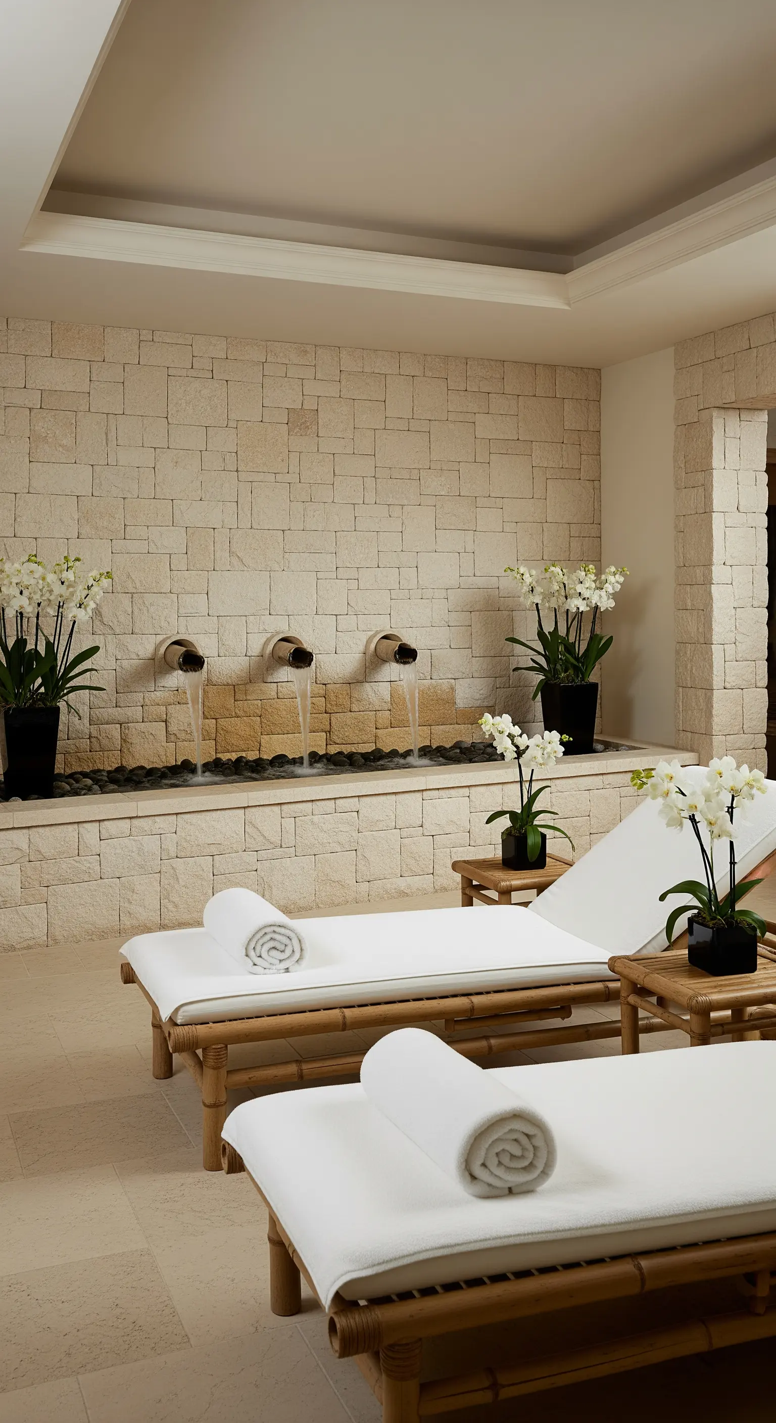 Ambiente spa con parete in pietra, getti d'acqua, lettini in bambù e orchidee bianche.