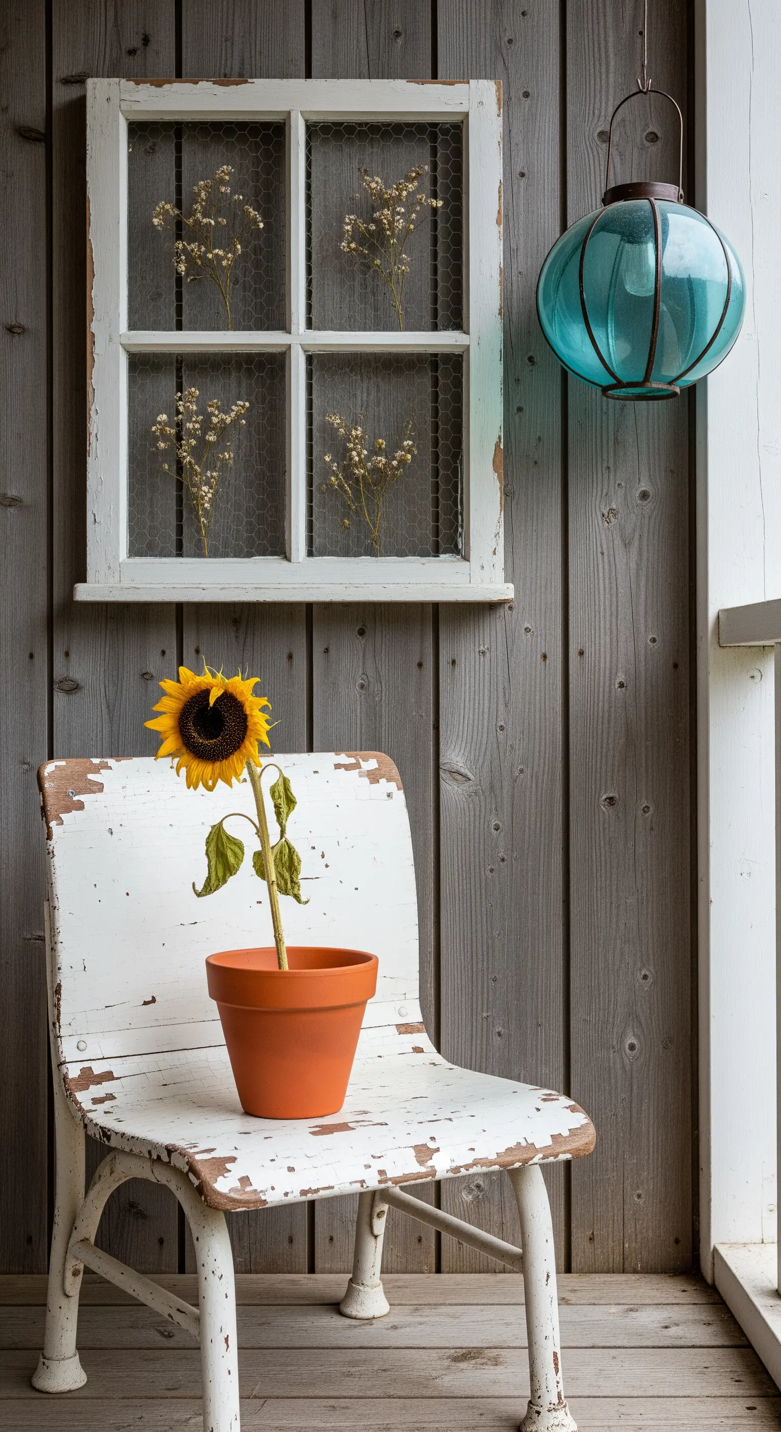Sedia bianca decapata con girasole, vecchia finestra con fiori secchi e lanterna blu.