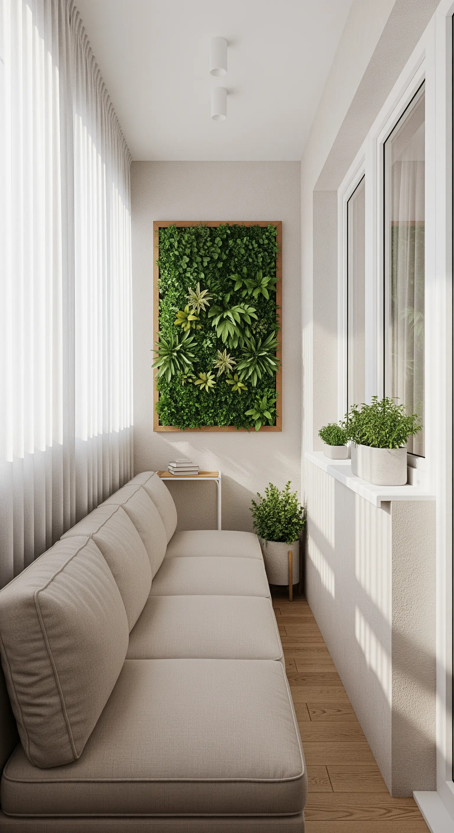 Divano beige in un piccolo balcone con un pannello verde verticale incorniciato come un quadro.