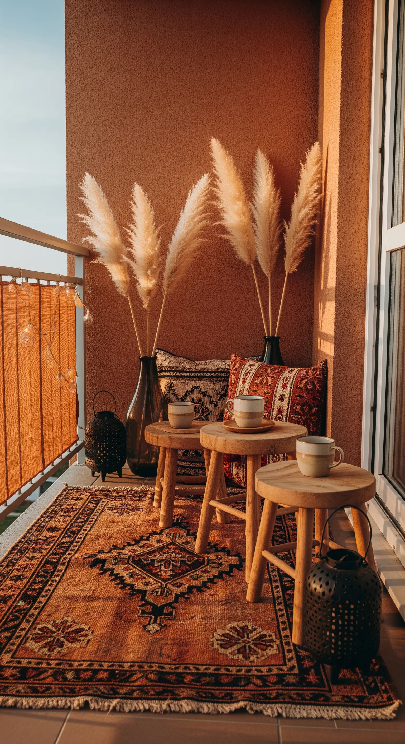Balcone con parete color terracotta, tappeto kilim, erba della pampas e sgabelli in legno.