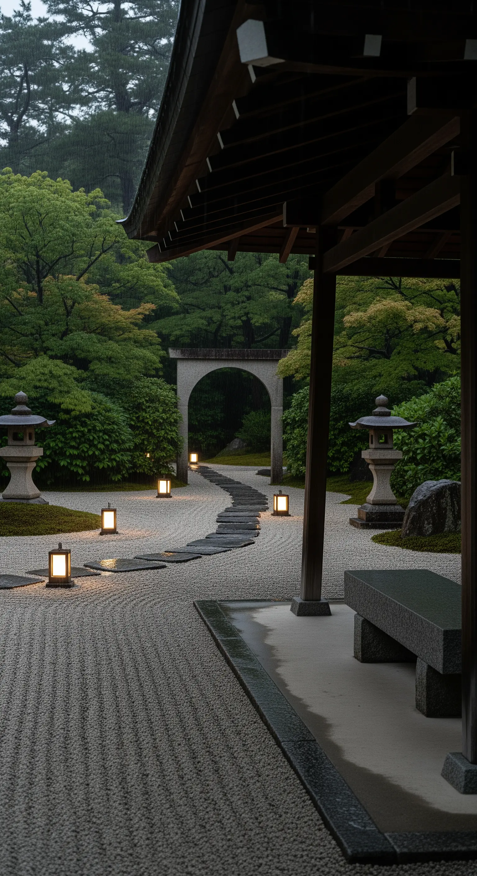 Giardino zen con sentiero in pietra su ghiaia rastrellata e lanterne giapponesi che illuminano il percorso