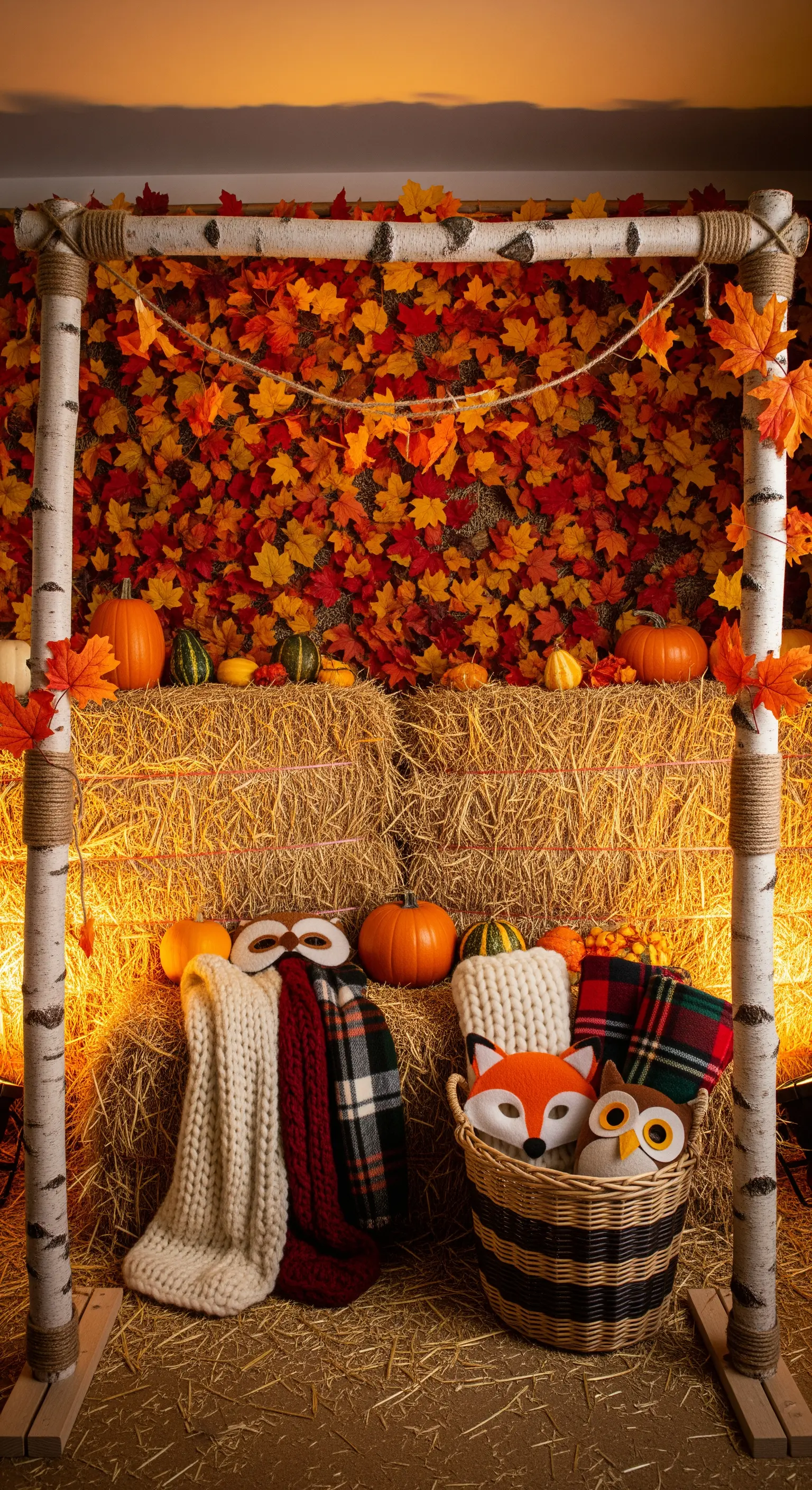 Photo booth autunnale con balle di fieno, foglie, zucche e una cornice di tronchi di betulla.