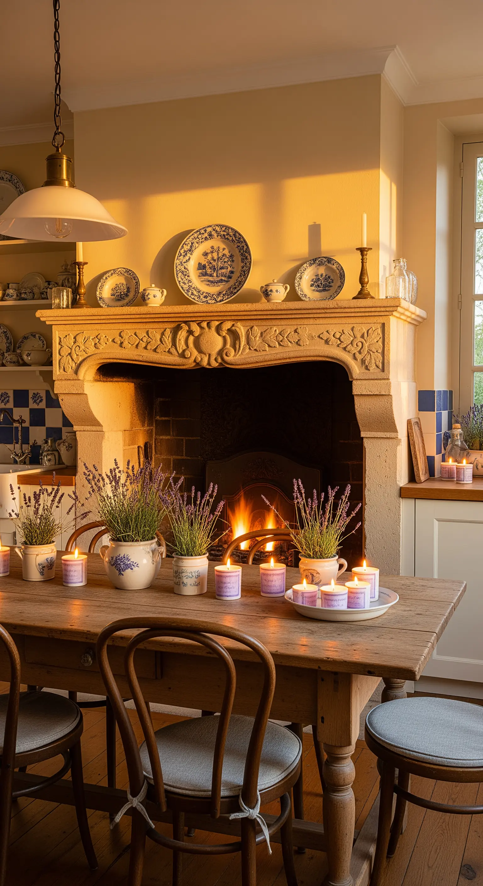 Camino in pietra scolpita in una cucina provenzale, decorato con piatti blu e lavanda.