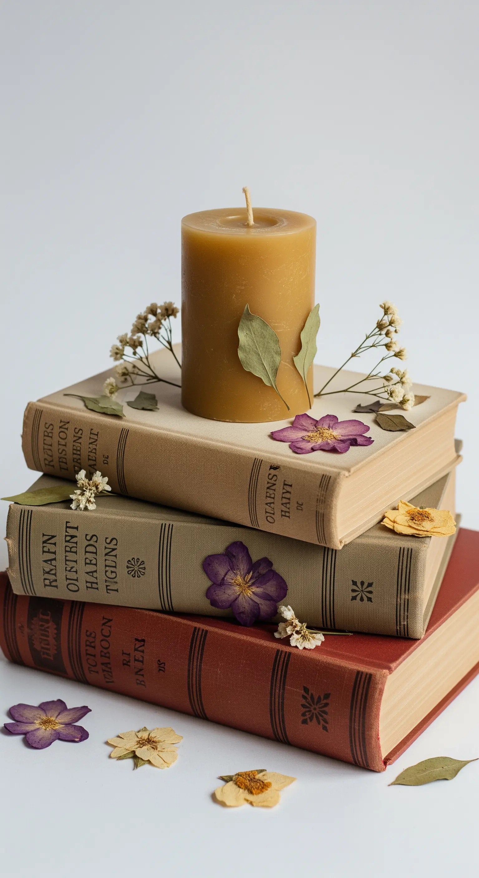 Pila di libri antichi con una candela e fiori pressati sparsi.